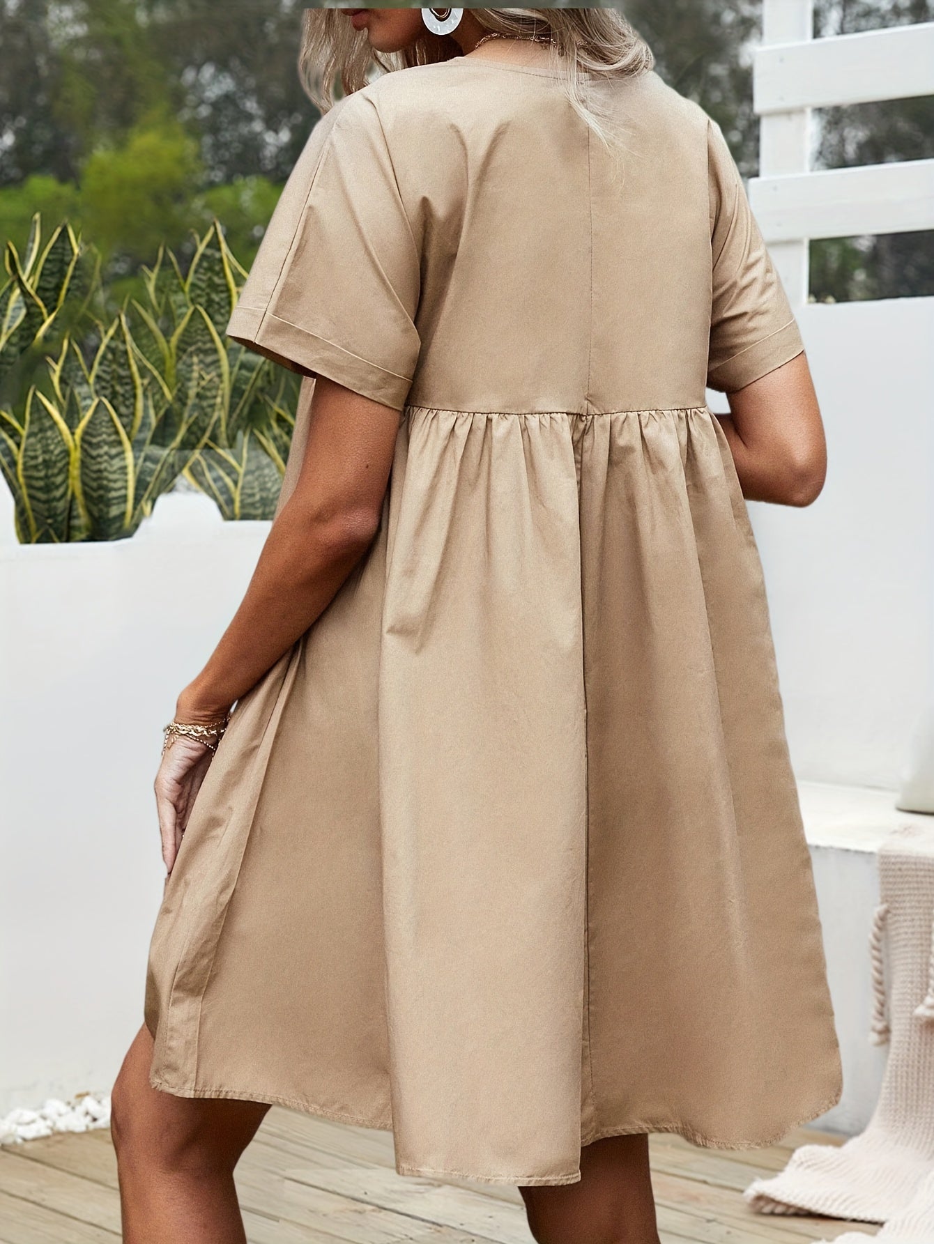 Sixsr Ruched Solid Mini Dress, Casual V Neck Short Sleeve Dress, Women's Clothing