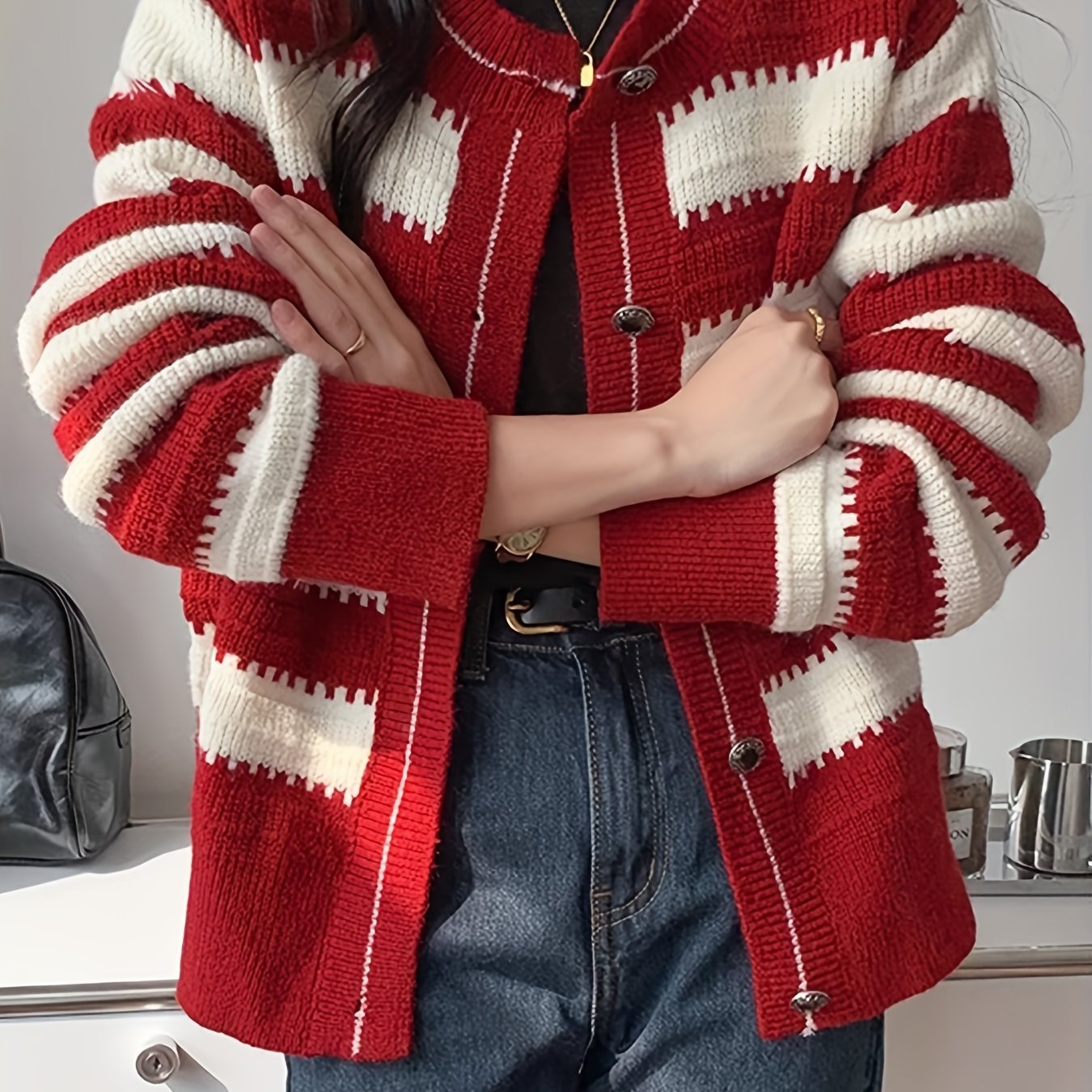 Sixsr Striped Pattern Button Front Cardigan, Vintage Long Sleeve Drop Shoulder Outwear, Women's Clothing