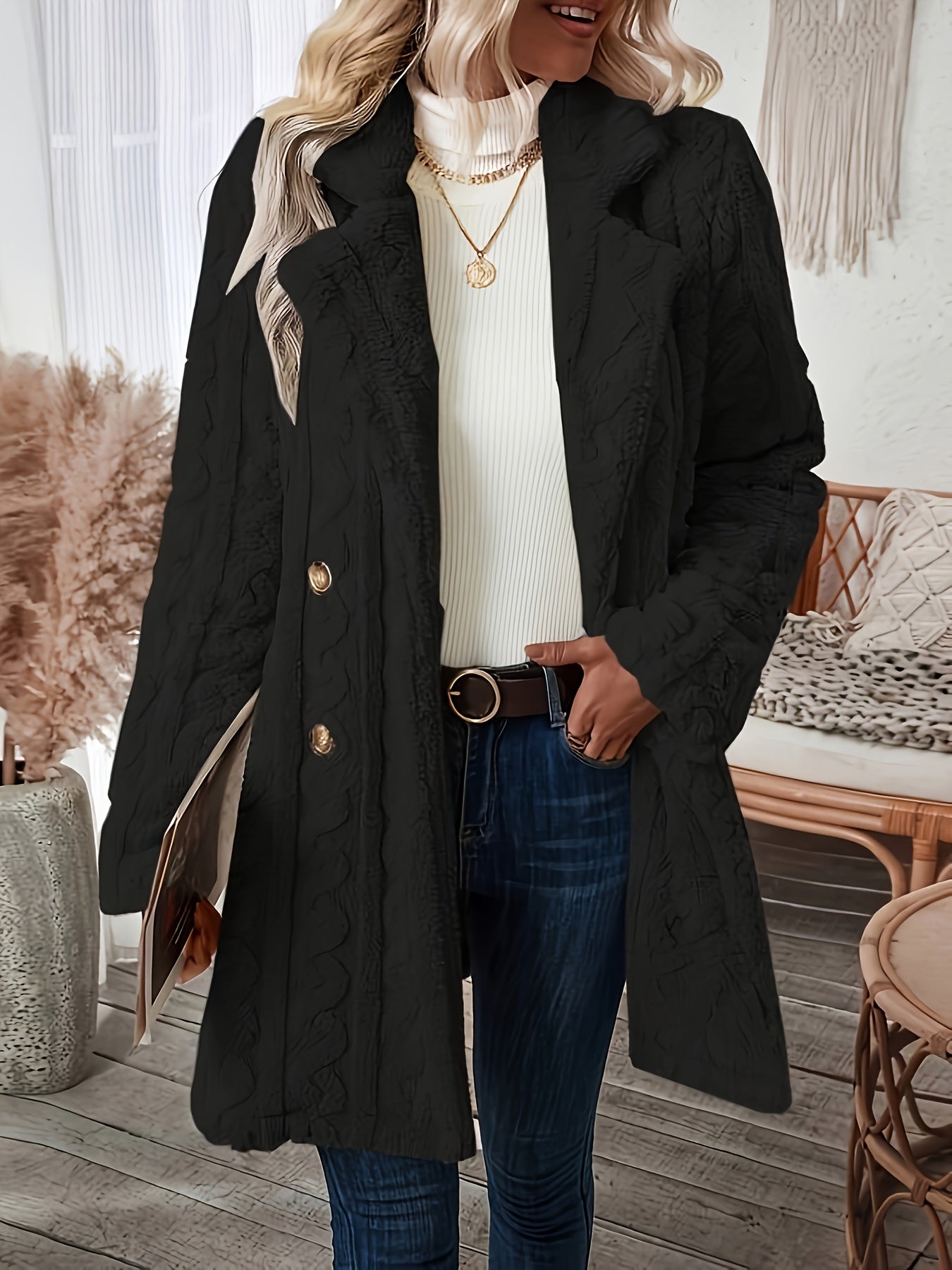 Sixsr Double-breasted Teddy Bear Coat, Casual Thermal Lapel Neck Long Sleeve Plush Jacket For Winter, Women's Clothing