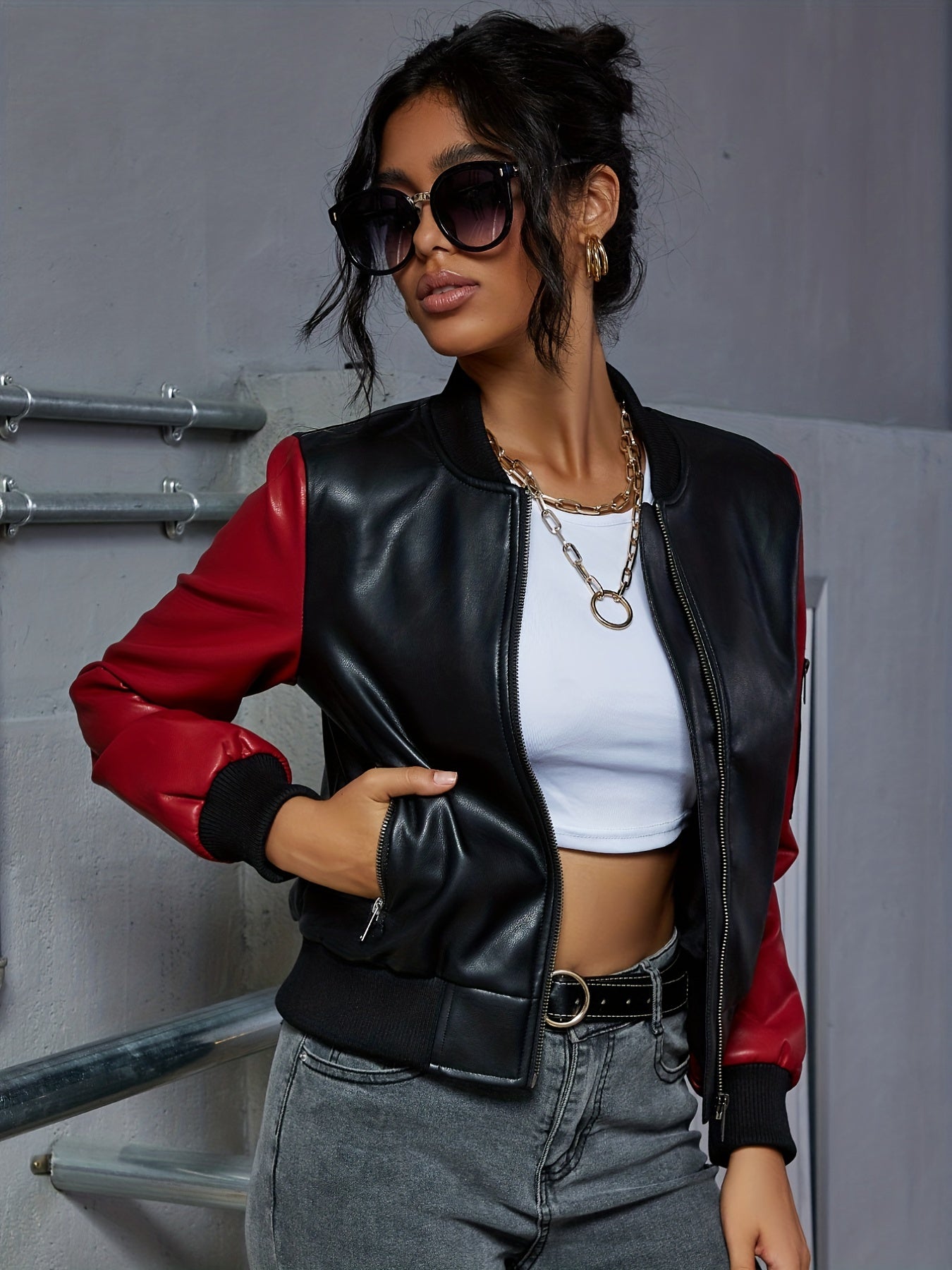 Sixsr Color Block Faux Leather Jacket, Vintage Zipper Pockets Jacket For Fall & Winter, Women's Clothing