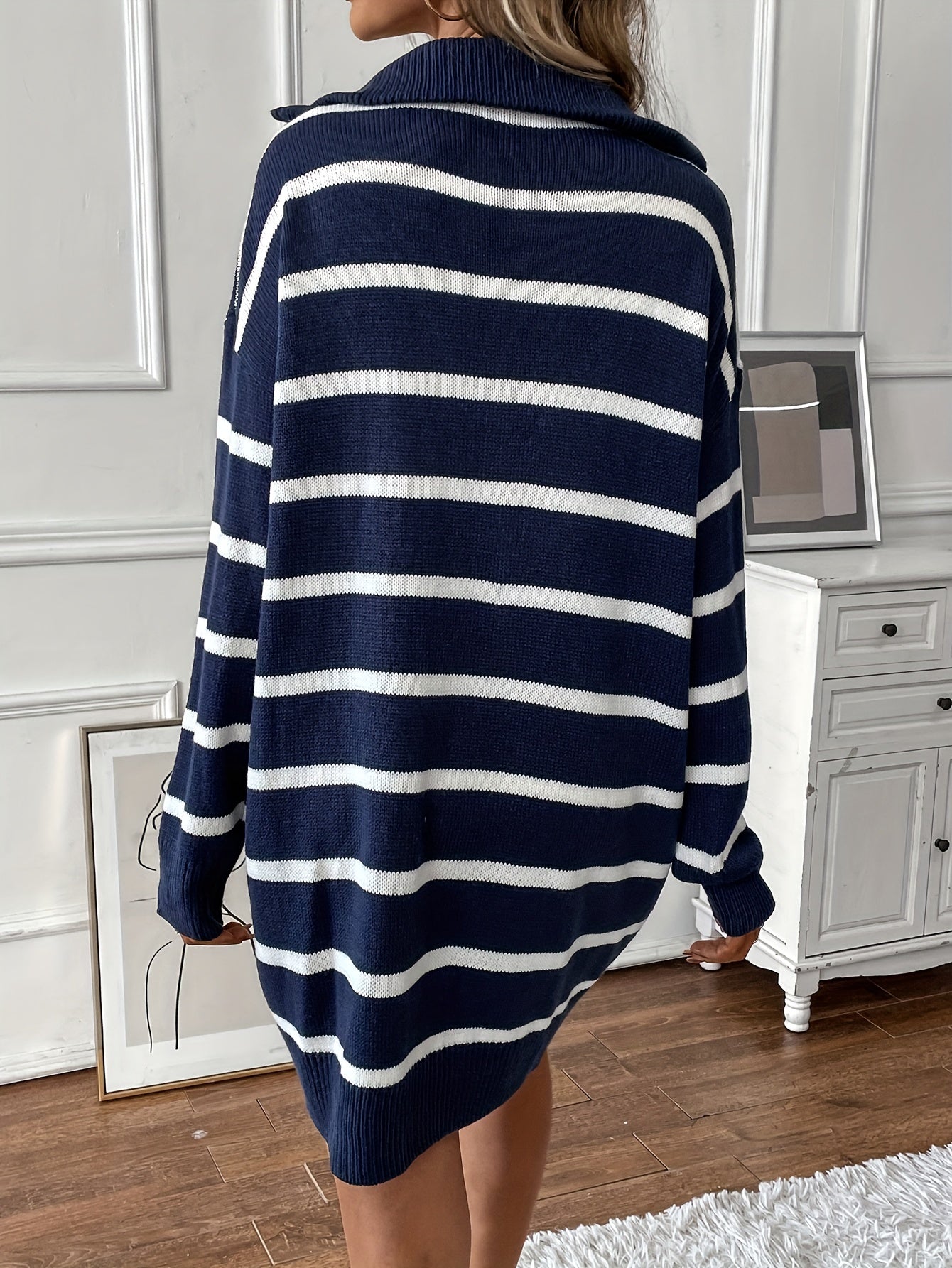 Sixsr Striped Pattern Zipper Front Dress, Casual Patched Letter Sweater Dress For Fall & Winter, Women's Clothing
