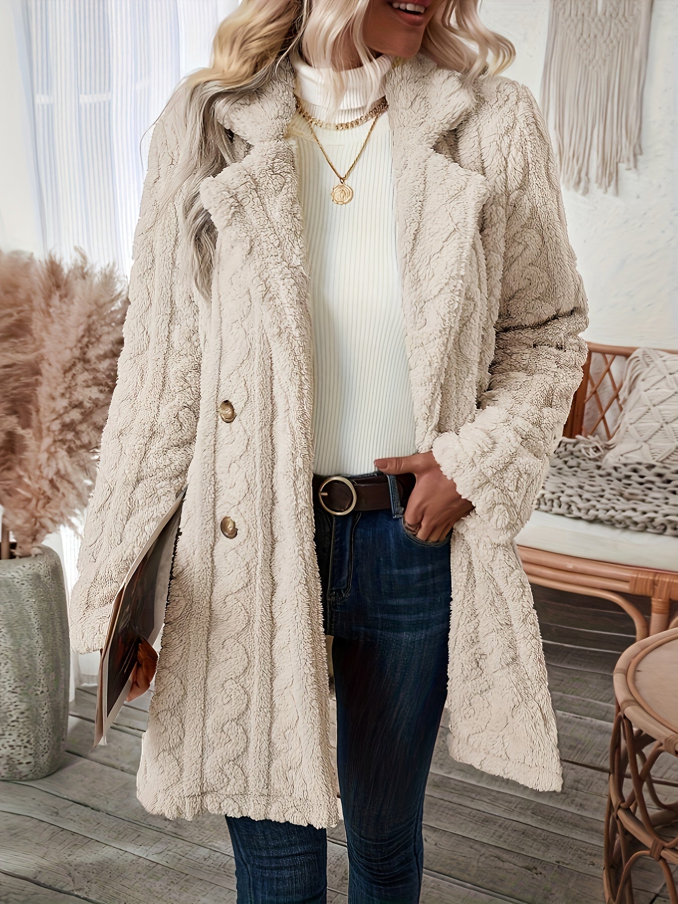 Sixsr Double-breasted Teddy Bear Coat, Casual Thermal Lapel Neck Long Sleeve Plush Jacket For Winter, Women's Clothing