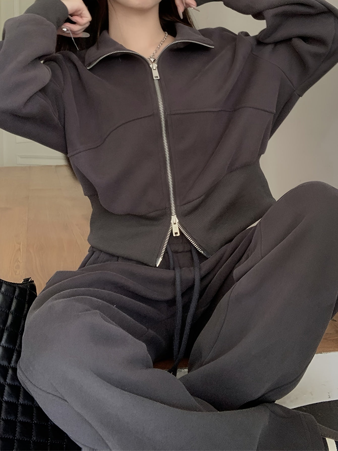 Sixsr Solid Color Two-way Zipper Sweatshirt, Stylish Long Sleeve Lapel Sweatshirt For Fall & Winter, Women's Clothing