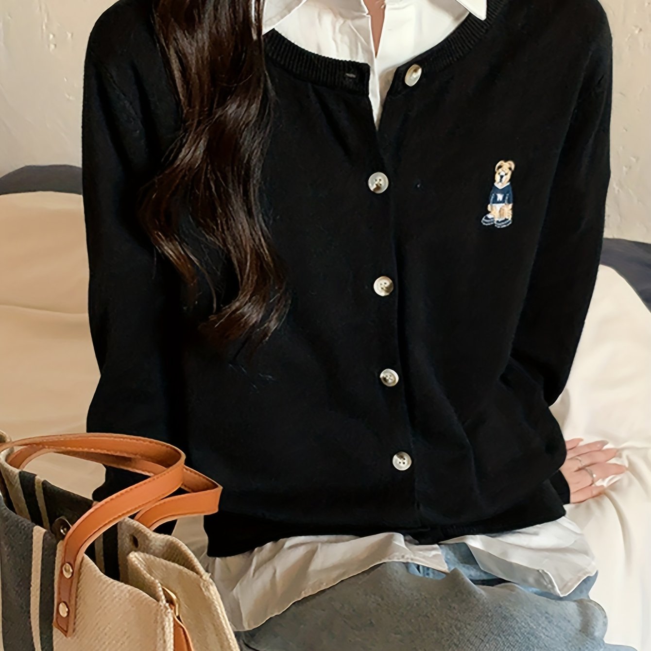 Sixsr Bear Pattern Button Front Cardigan, Casual Long Sleeve Cardigan For Spring & Fall, Women's Clothing