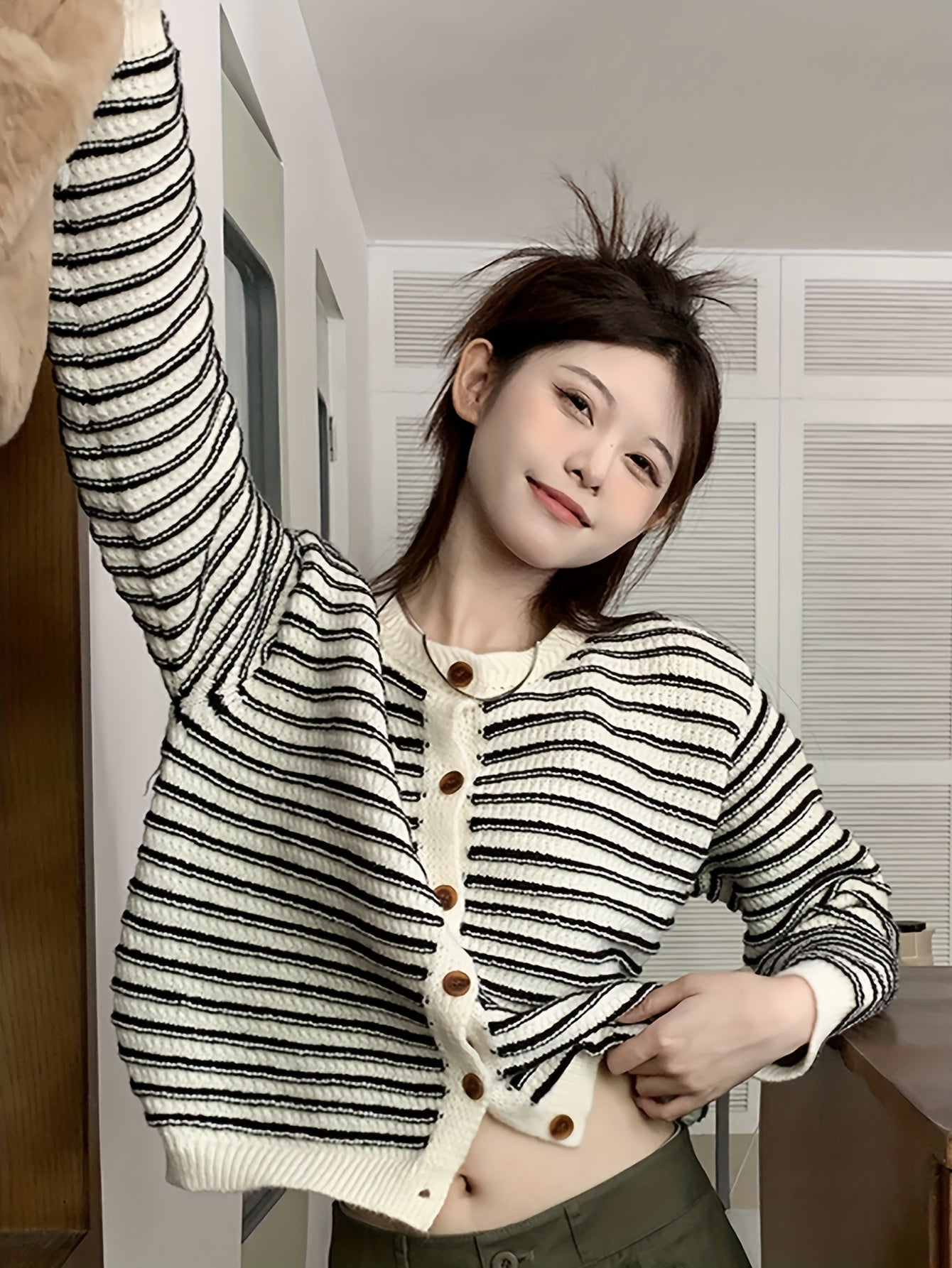 Sixsr Striped Button Down Knit Cardigan, Casual Long Sleeve Crew Neck Sweater, Women's Clothing