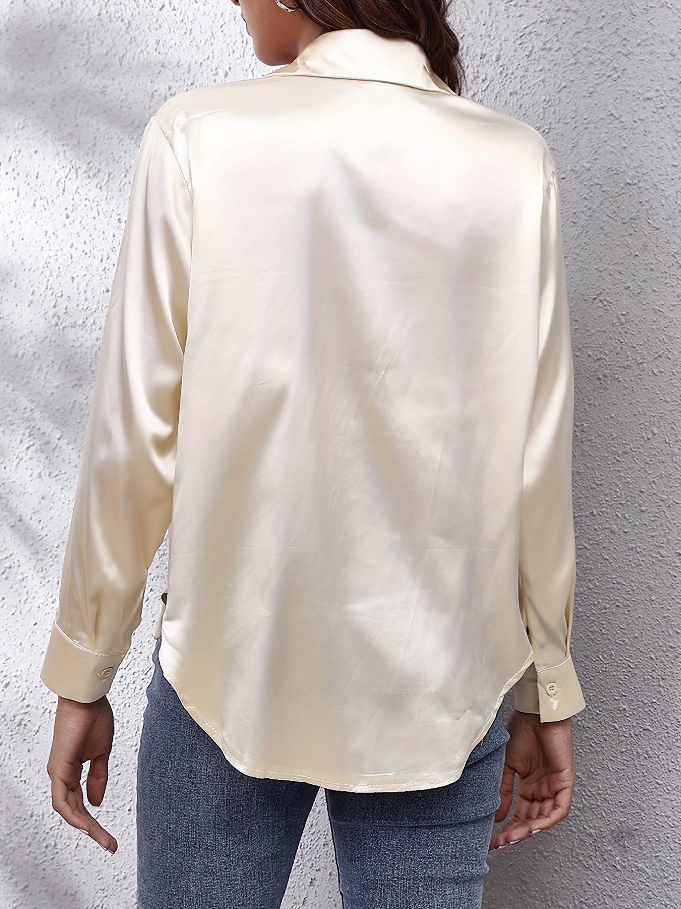 Sixsr Plus Size Casual Top, Women's Plus Solid Satin Button Up Long Sleeve Turn Down Collar Blouse