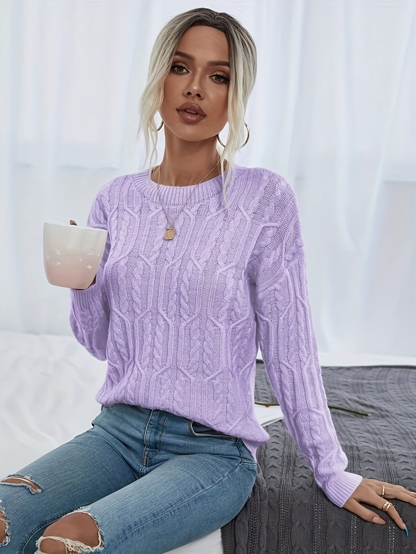 Sixsr Twist Pattern Crew Neck Sweater, Casual Long Sleeve Sweater For Fall & Winter, Women's Clothing