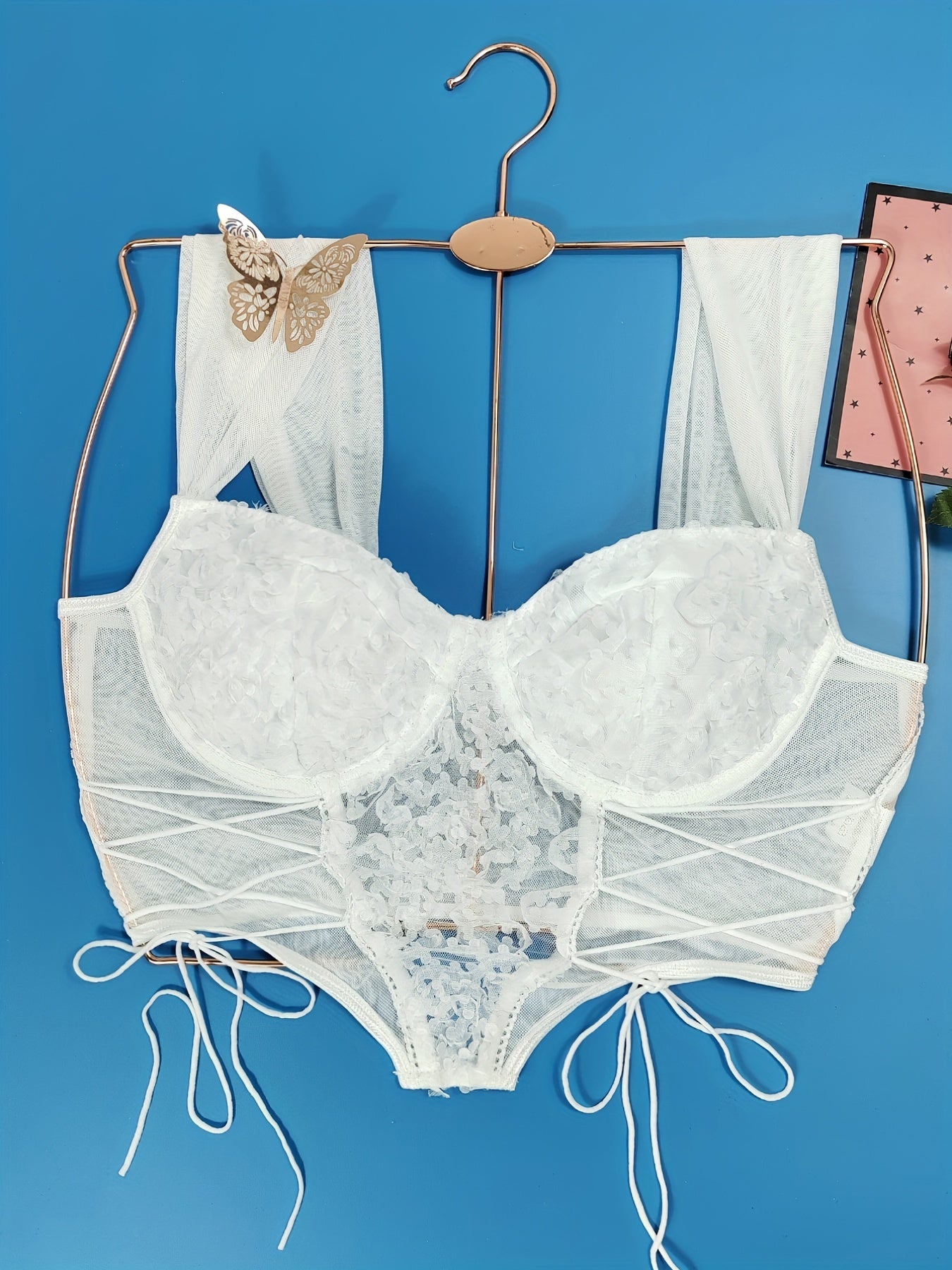 Floral Lace Drawstring Camisole Corset Tops, V Neck Textured Underwire Vest Lingerie, Women's Lingerie & Underwear