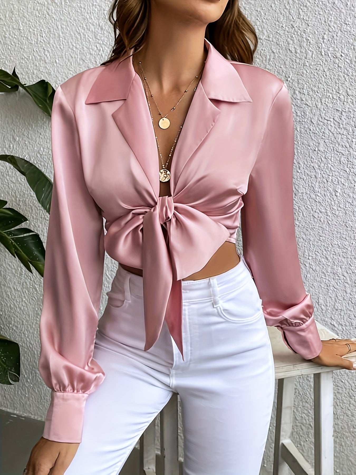 Sixsr Solid Twist Front Blouse, Elegant Long Sleeve Lapel Blouse, Women's Clothing