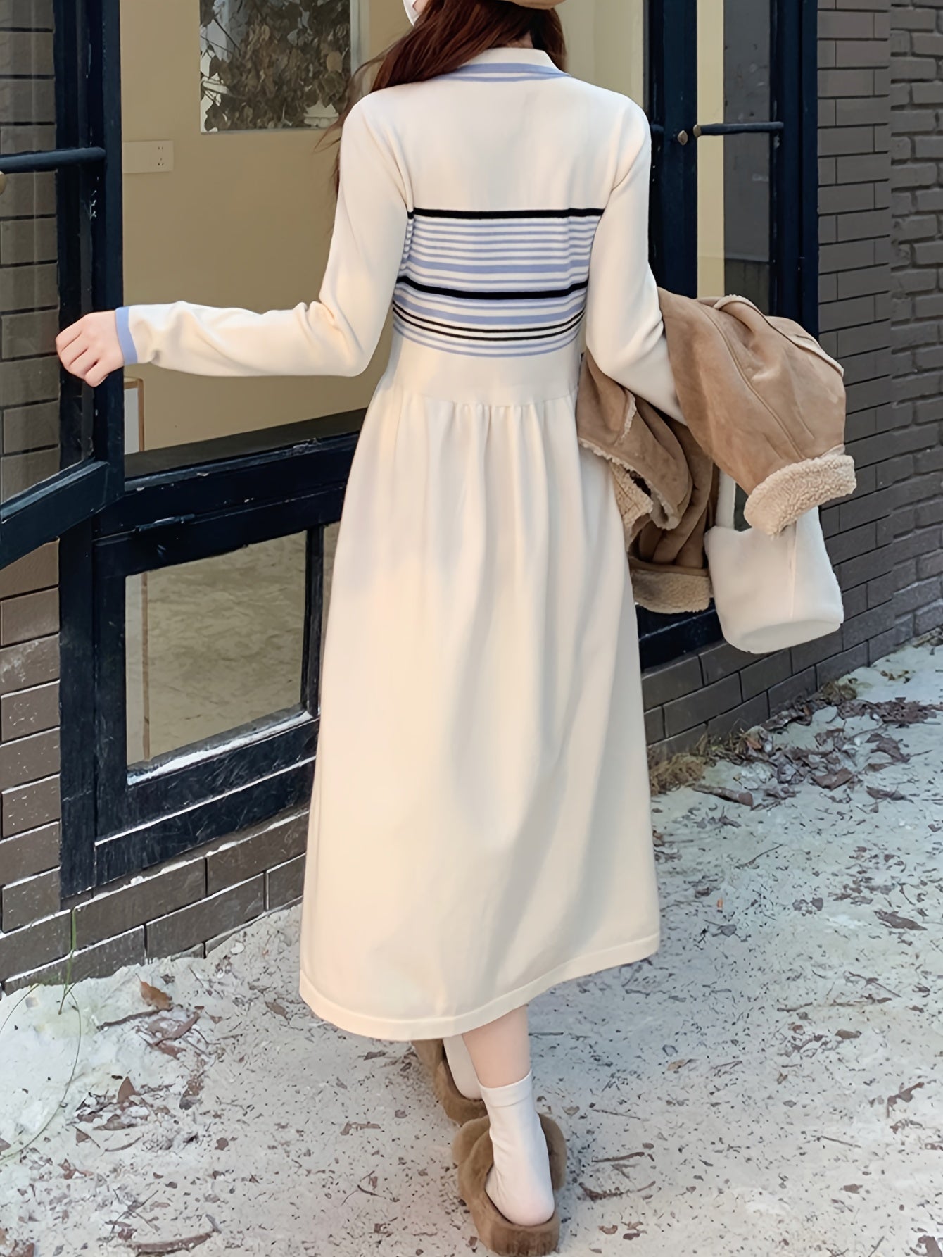 Sixsr Striped Contrast Trim Waist Sweater Dress, Long Sleeve Lapel Collar Causal Dress, Women's Clothing