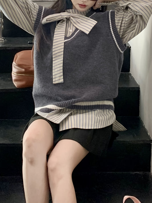 Sixsr Contrast Trim Sweater Vest, Preppy Sleeveless V Neck Vest, Women's Clothing