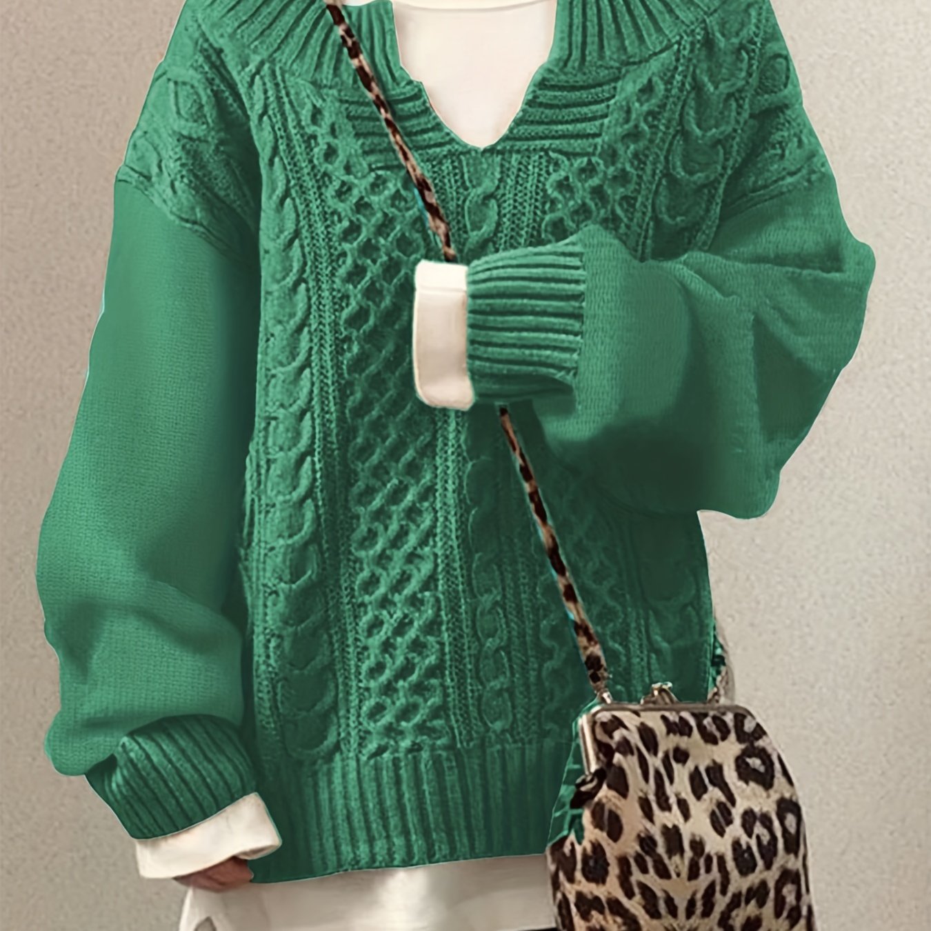 Sixsr Plus Size Casual Sweater, Women's Plus Solid Jacquard Long Sleeve Notched Neck Slight Stretch Sweater