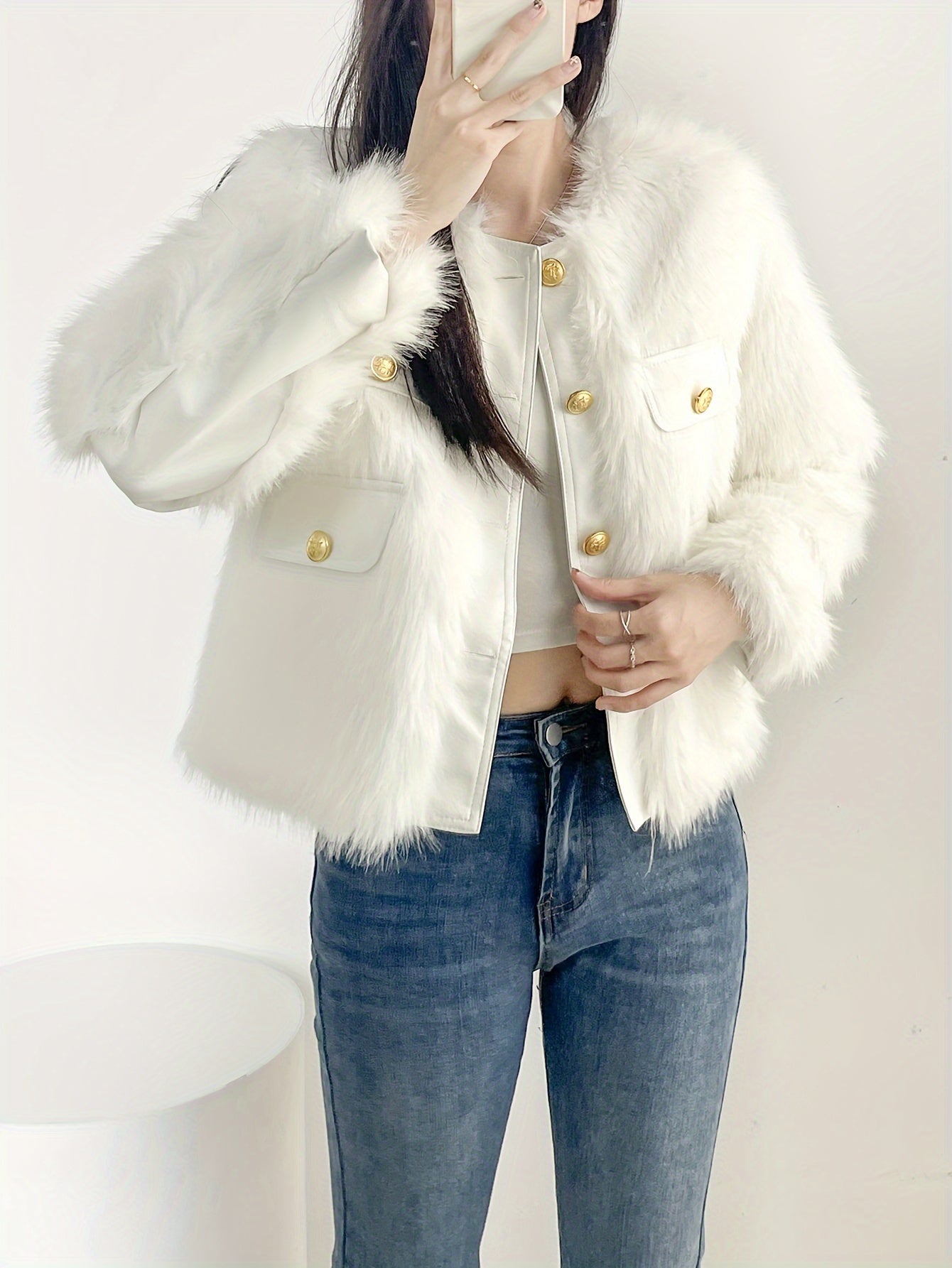 Sixsr Button Front Faux Fur Coat, Elegant Long Sleeve Coat For Fall & Winter, Women's Clothing