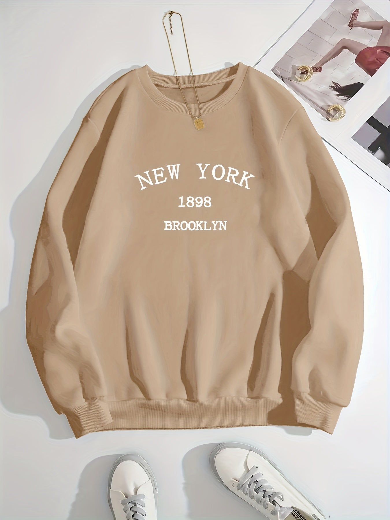 Sixsr New York Brooklyn Print Loose Sweatshirt, Casual Long Sleeve Crew Neck Sweatshirt, Women's Clothing