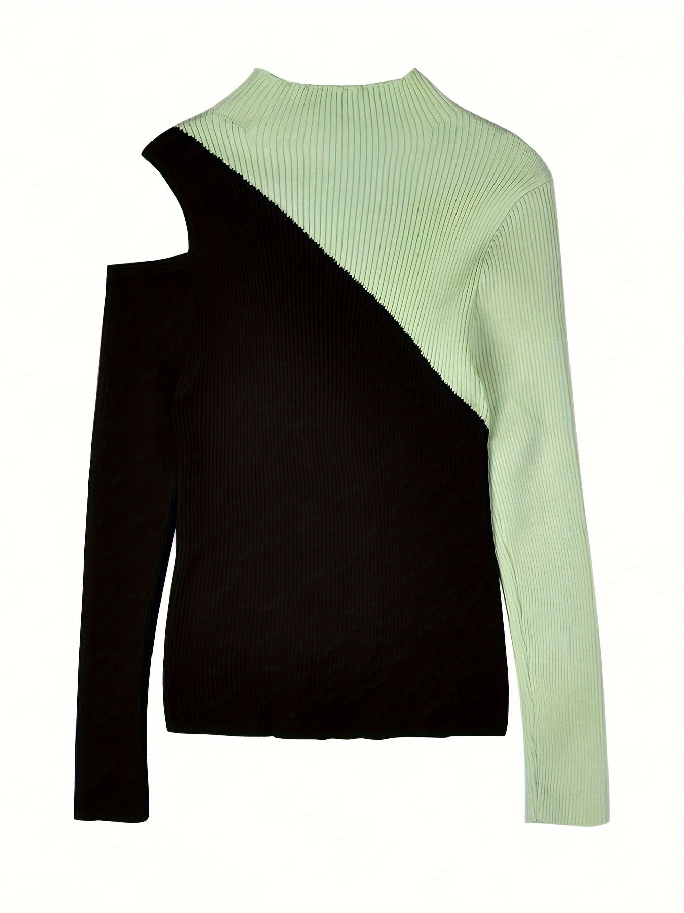 Sixsr Color Block Pullover Sweater, Casual Cold Shoulder Mock Neck Long Sleeve Top, Women's Clothing