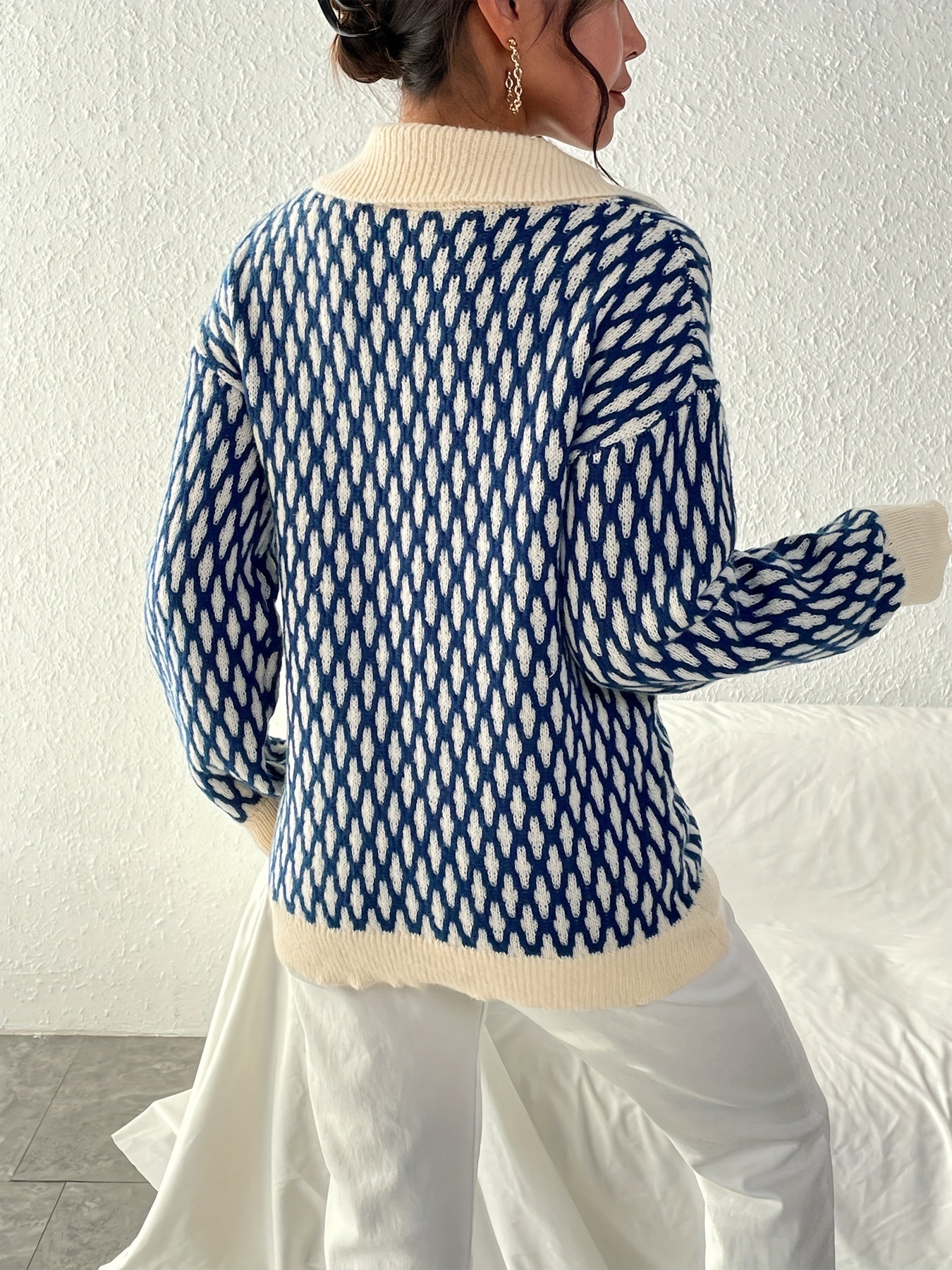 Sixsr Allover Pattern Flat Collar Pullover Sweater, Casual Long Sleeve Sweater, Women's Clothing