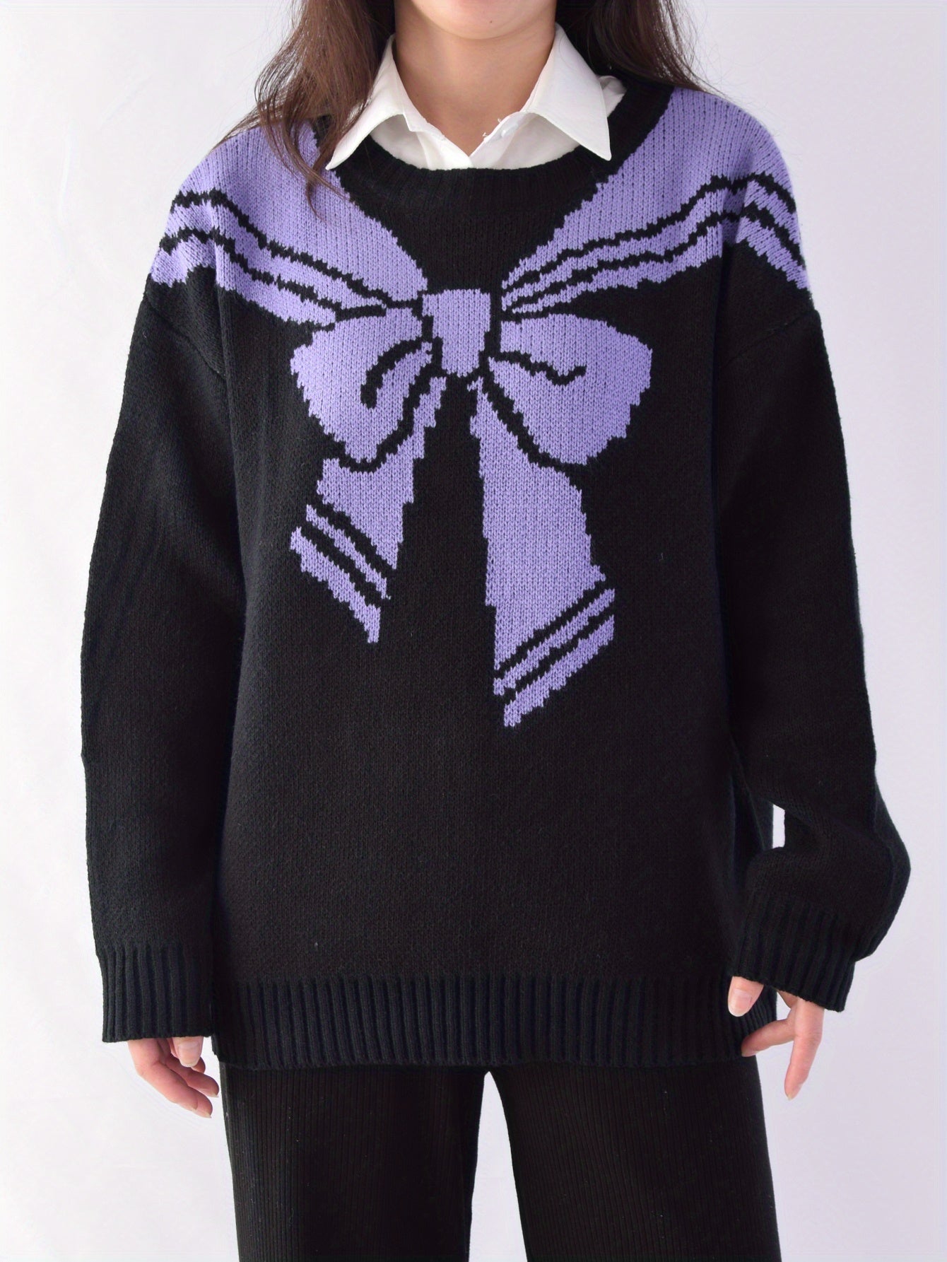 Sixsr Bow Pattern Drop Shoulder Sweater, Casual Long Sleeve Sweater For Fall & Winter, Women's Clothing