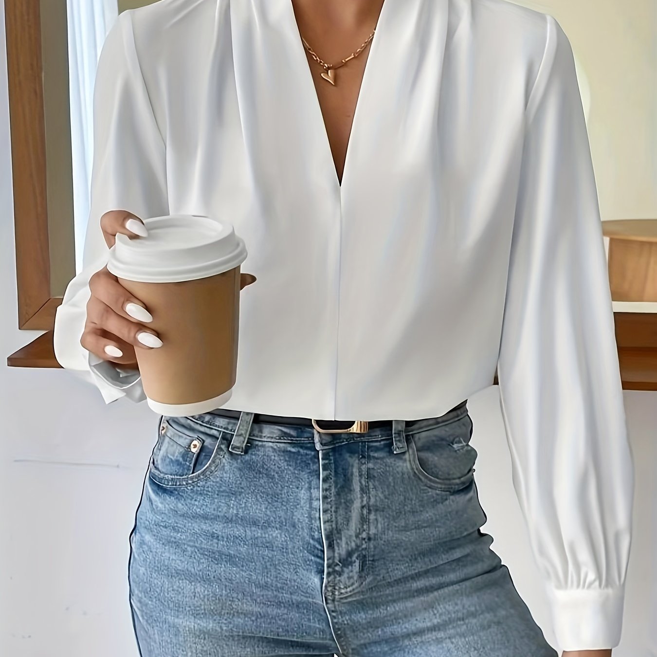 Sixsr Solid V-neck Pleated Blouse, Elegant Long Sleeve Blouse For Office & Work, Women's Clothing