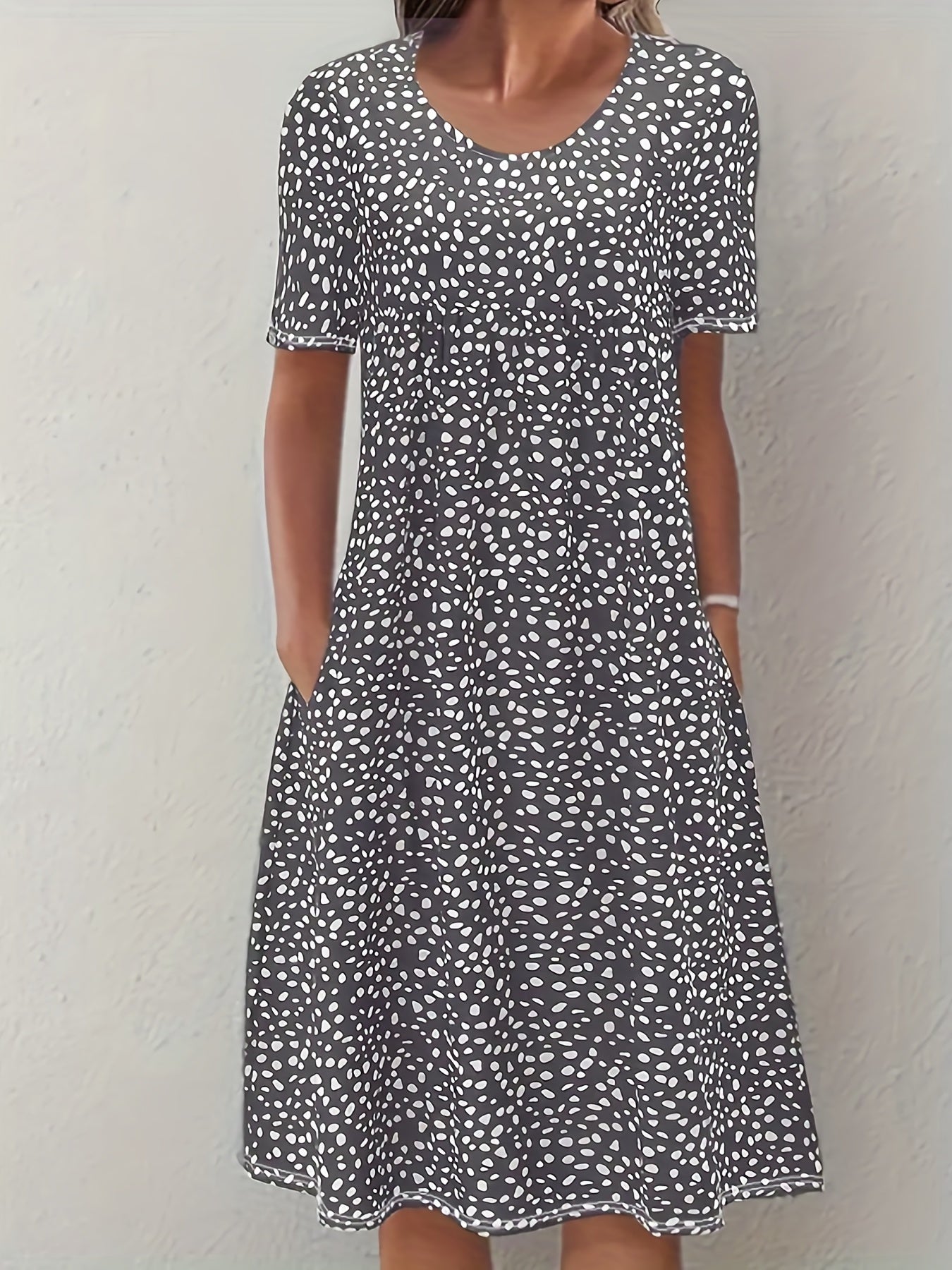 Sixsr Boho Floral Print Dual Pockets Dress, Casual Crew Neck Short Sleeve Dress, Women's Clothing