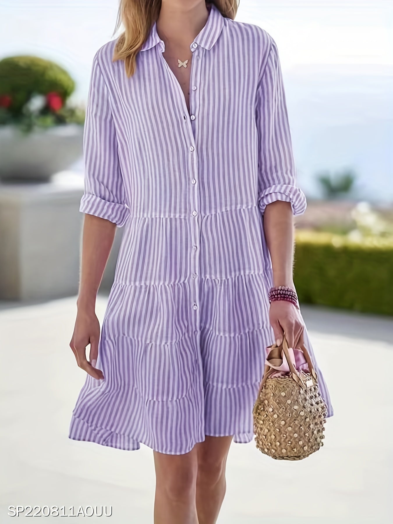 Sixsr Striped Ruffle Layered Hem Shirt Dress, Casual Button Long Sleeve Tiered Dress, Women's Clothing