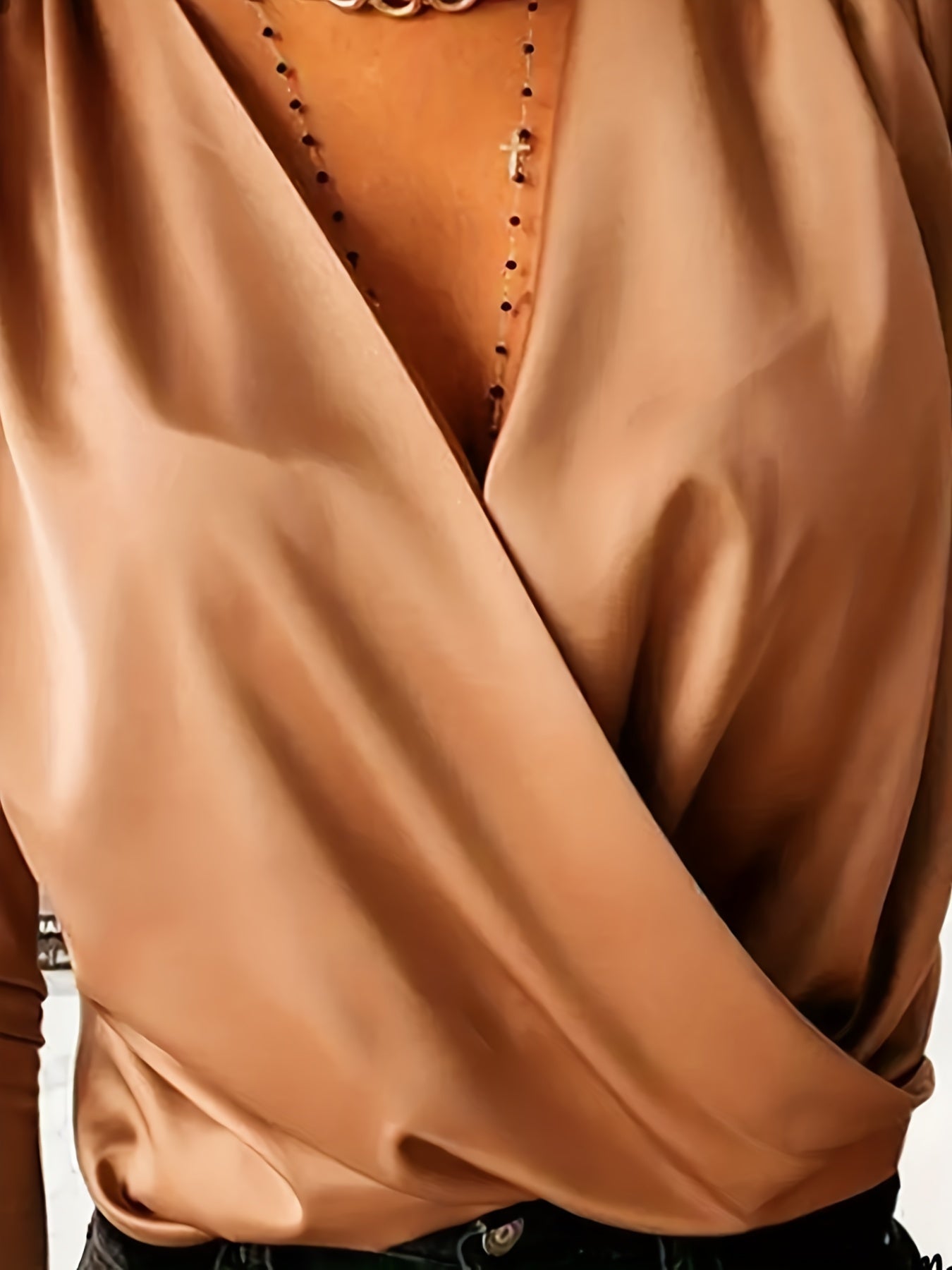 Sixsr Plus Size Casual Top, Women's Plus Solid Long Sleeve Surplice Neck Slight Stretch Top