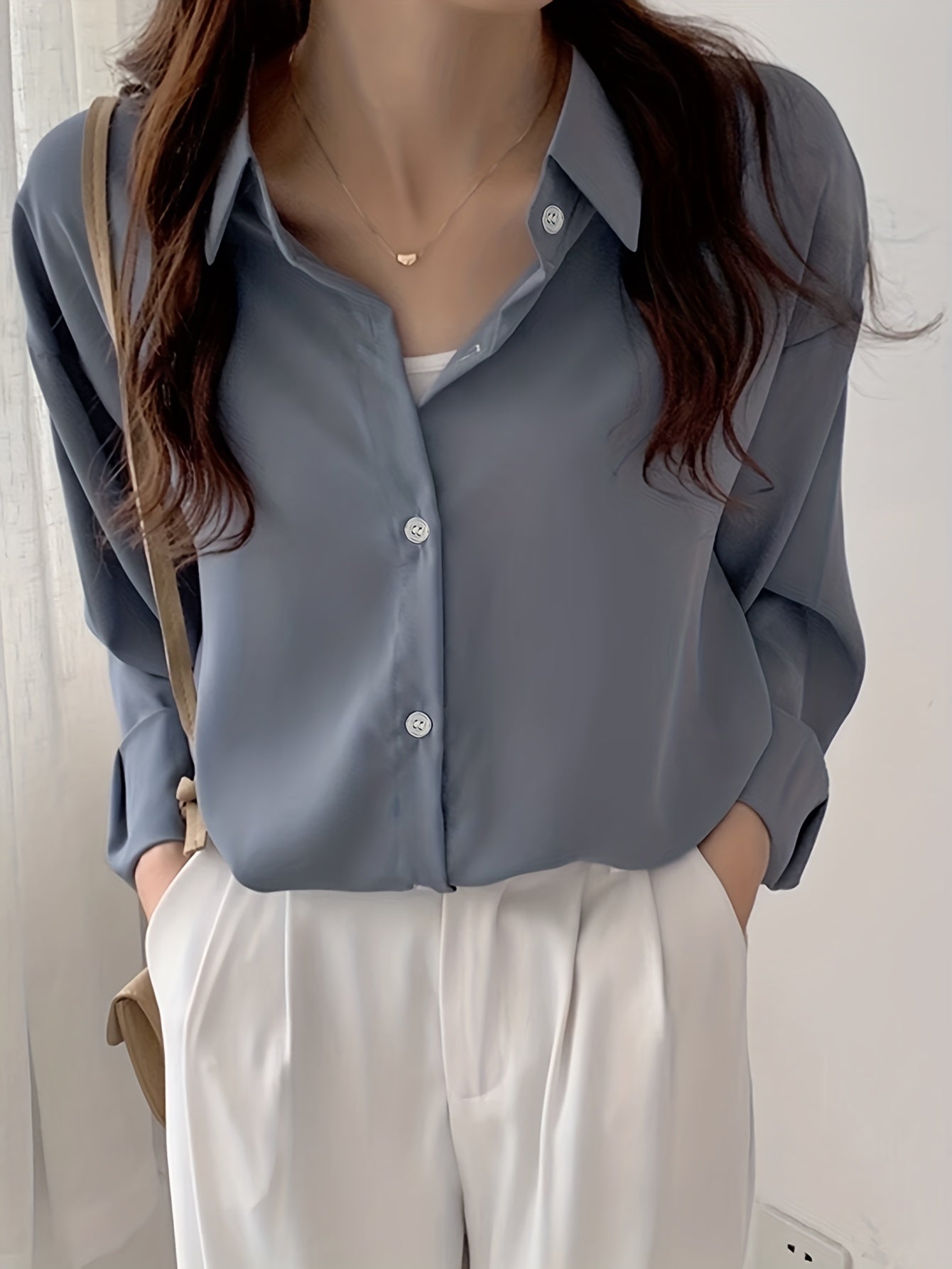 Sixsr Simple Button Front Shirt, Casual Solid Long Sleeve Shirt, Women's Clothing
