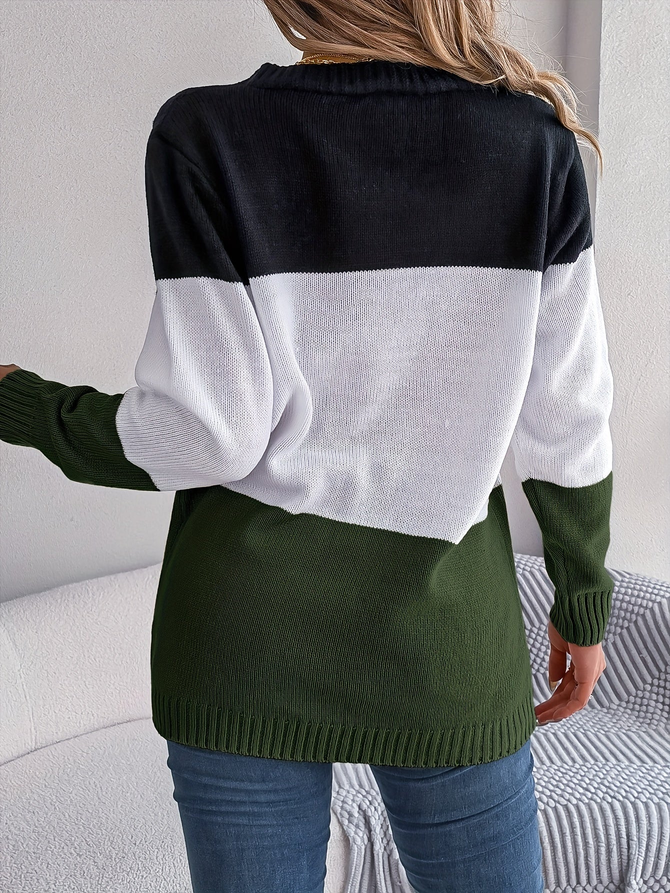Sixsr Color Block Button Down Cable Knit Cardigan, Casual Long Sleeve V Neck Sweater, Women's Clothing