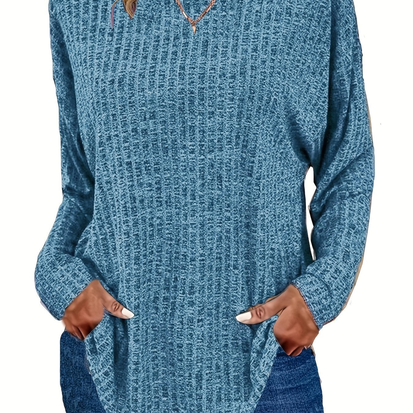 Sixsr Plus Size Casual Sweater, Women's Plus Solid Ribbed Long Sleeve Round Neck Knit Top