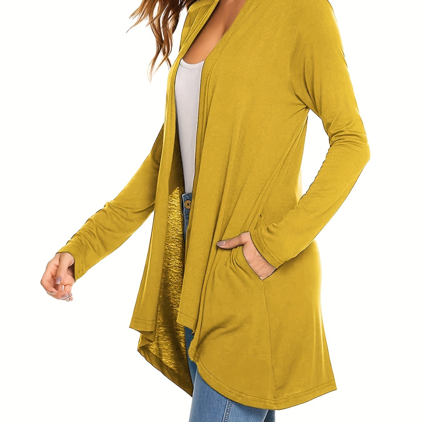 Sixsr Solid Open Front Drape Cardigan, Casual Long Sleeve Pocket Cardigan For Spring & Fall, Women's Clothing