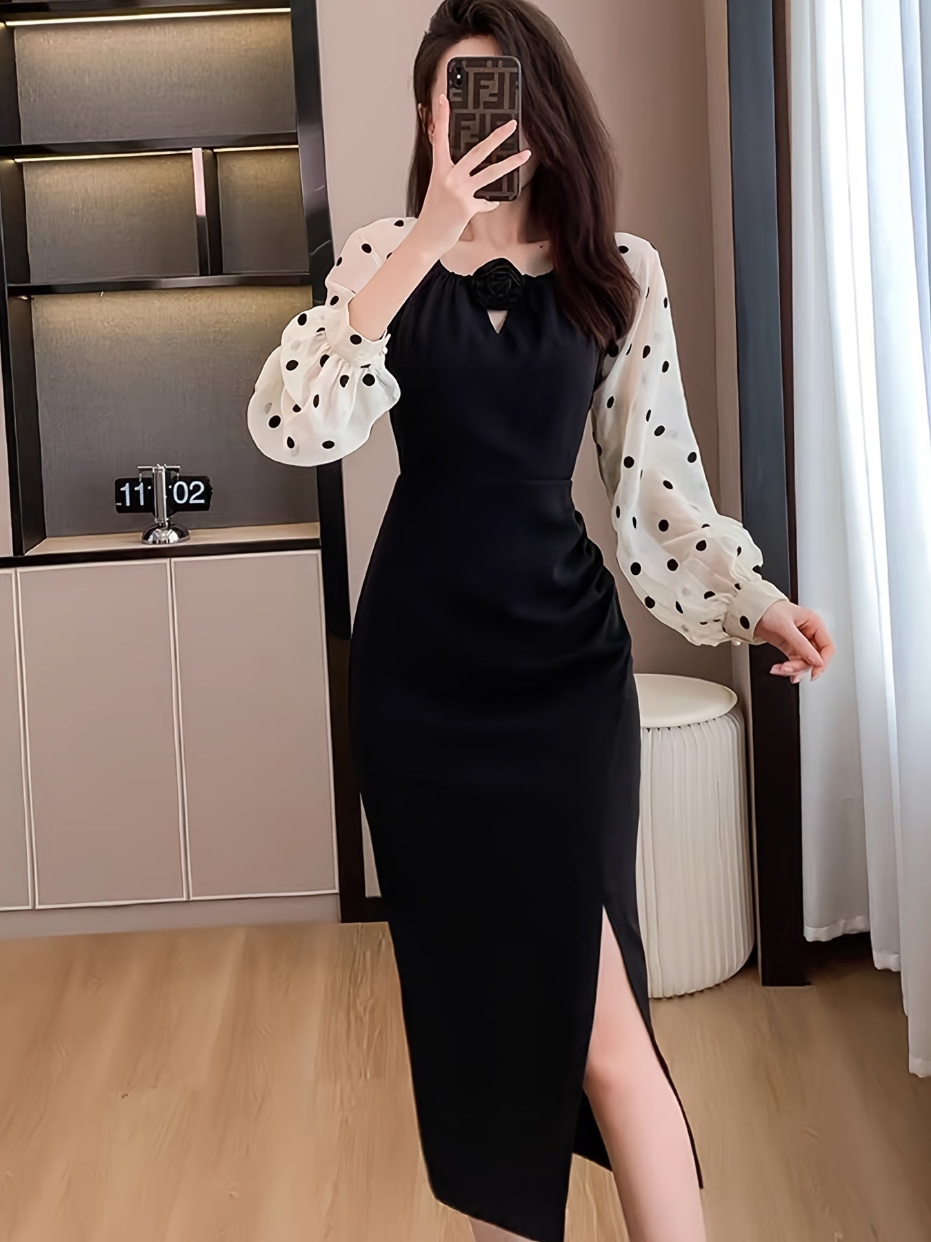 Sixsr Colorblock Contrast Dot Pattern Split Dress, Casual Long Sleeve Bodycon Dress, Women's Clothing
