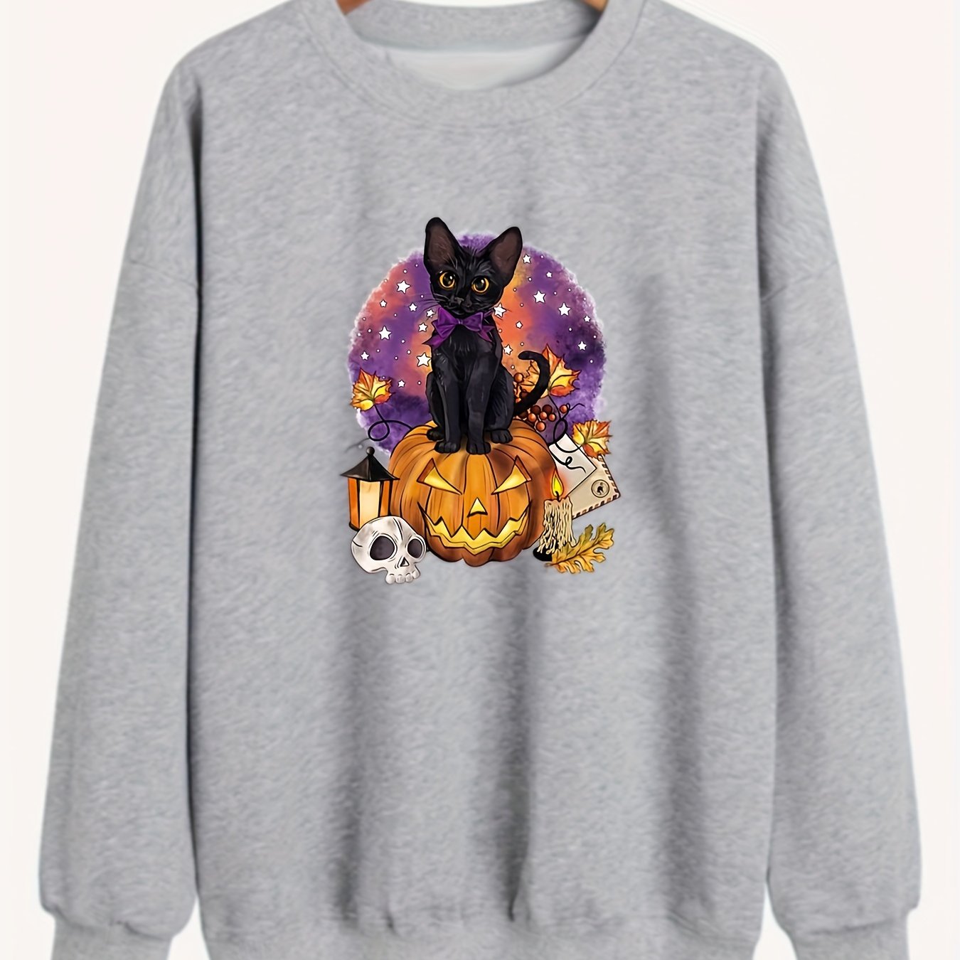 Sixsr Plus Size Halloween Casual Sweatshirt, Women's Plus Cat & Skull & Pumpkin Print Round Neck Long Sleeve Sweatshirt