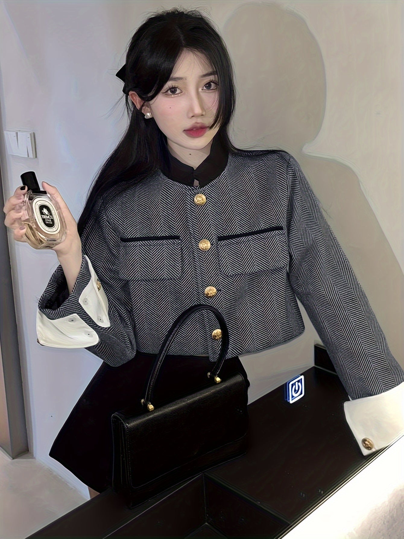 Sixsr Contrast Trim Single Breasted Jacket, Elegant Long Sleeve Stand Collar Outwear For Fall & Winter, Women's Clothing