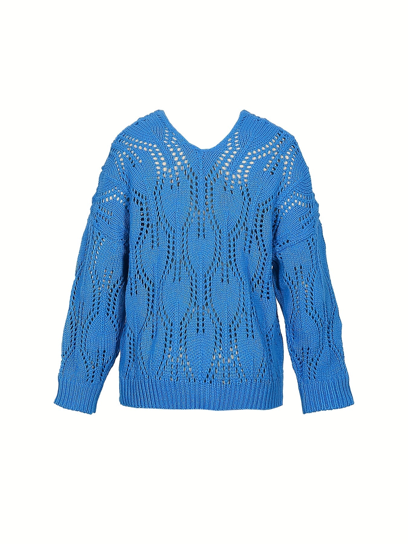 Sixsr Plus Size Casual Sweater, Women's Plus Solid Eyelet Embroidered Long Sleeve V Neck Slight Stretch Pullover Sweater