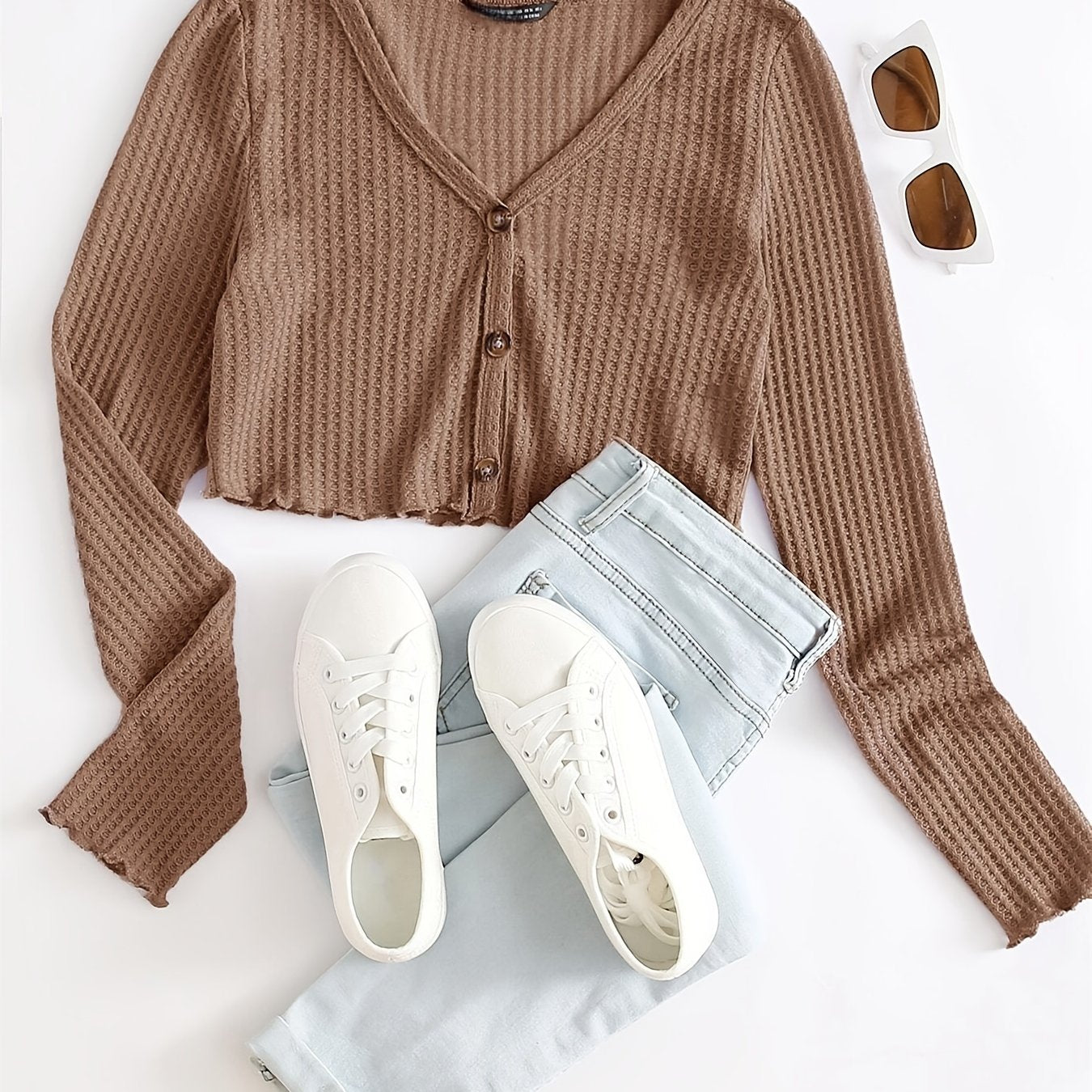 Sixsr Solid Lettuce Trim Knit Cardigan, Casual Button Front Long Sleeve Sweater, Women's Clothing