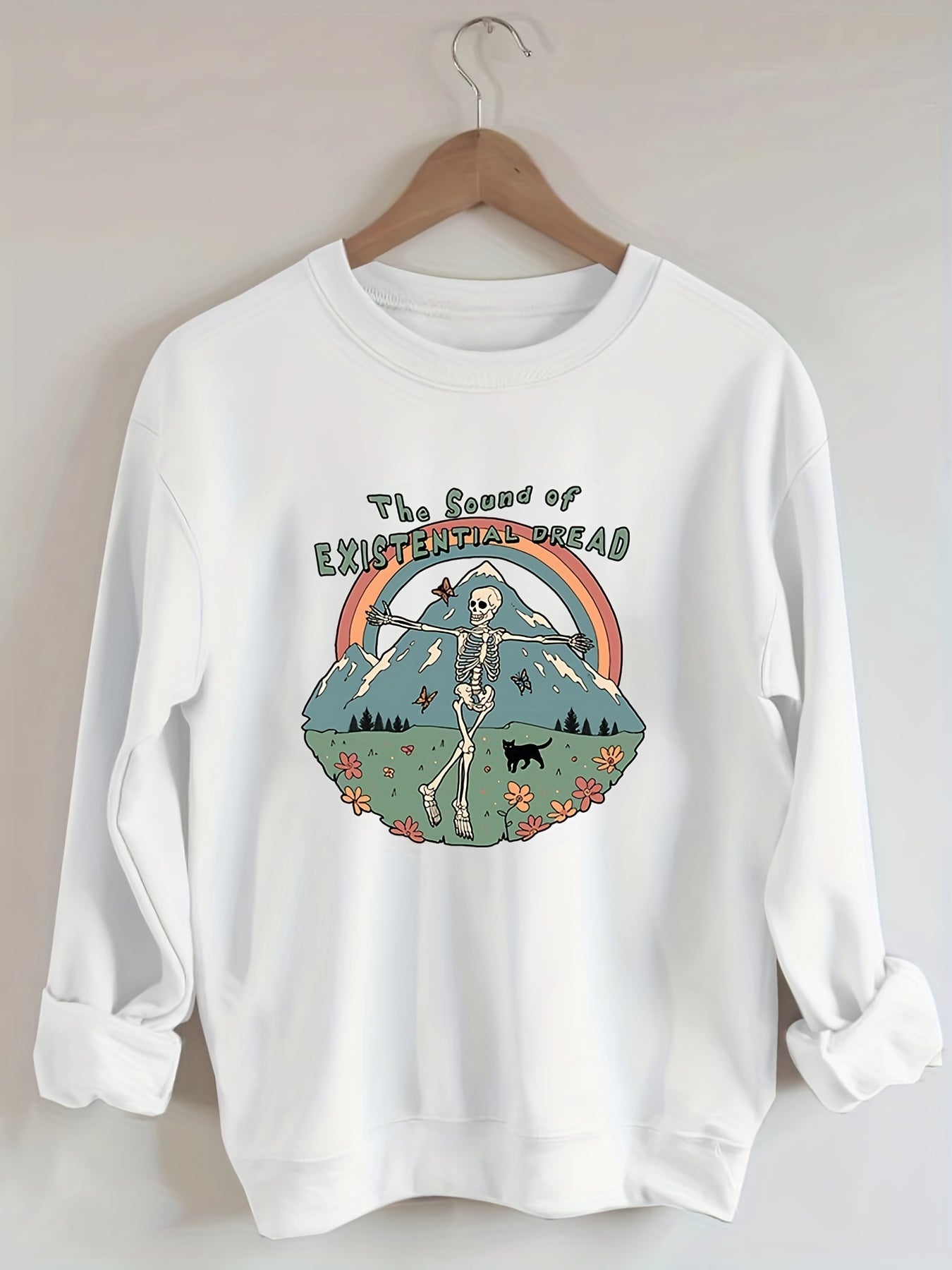 Sixsr Plus Size Halloween Sweatshirt, Women's Plus Skull & Rainbow & Letter Print Long Sleeve Round Neck Sweatshirt
