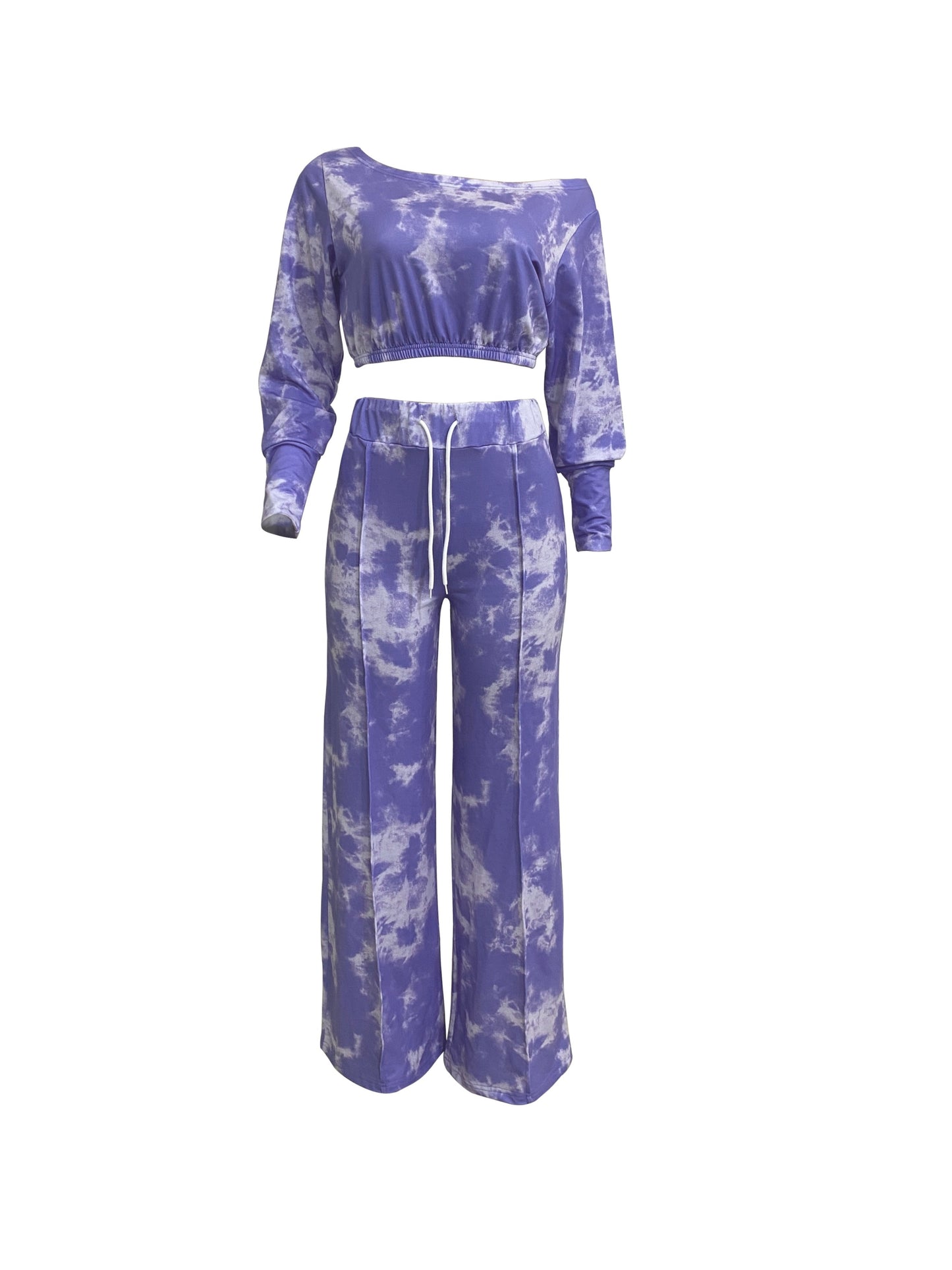 Sixsr Tie Dye Two-piece Set, Asymmetrical Neck Long Sleeve Crop Top & Drawstring Wide Leg Pants Outfits, Women's Clothing