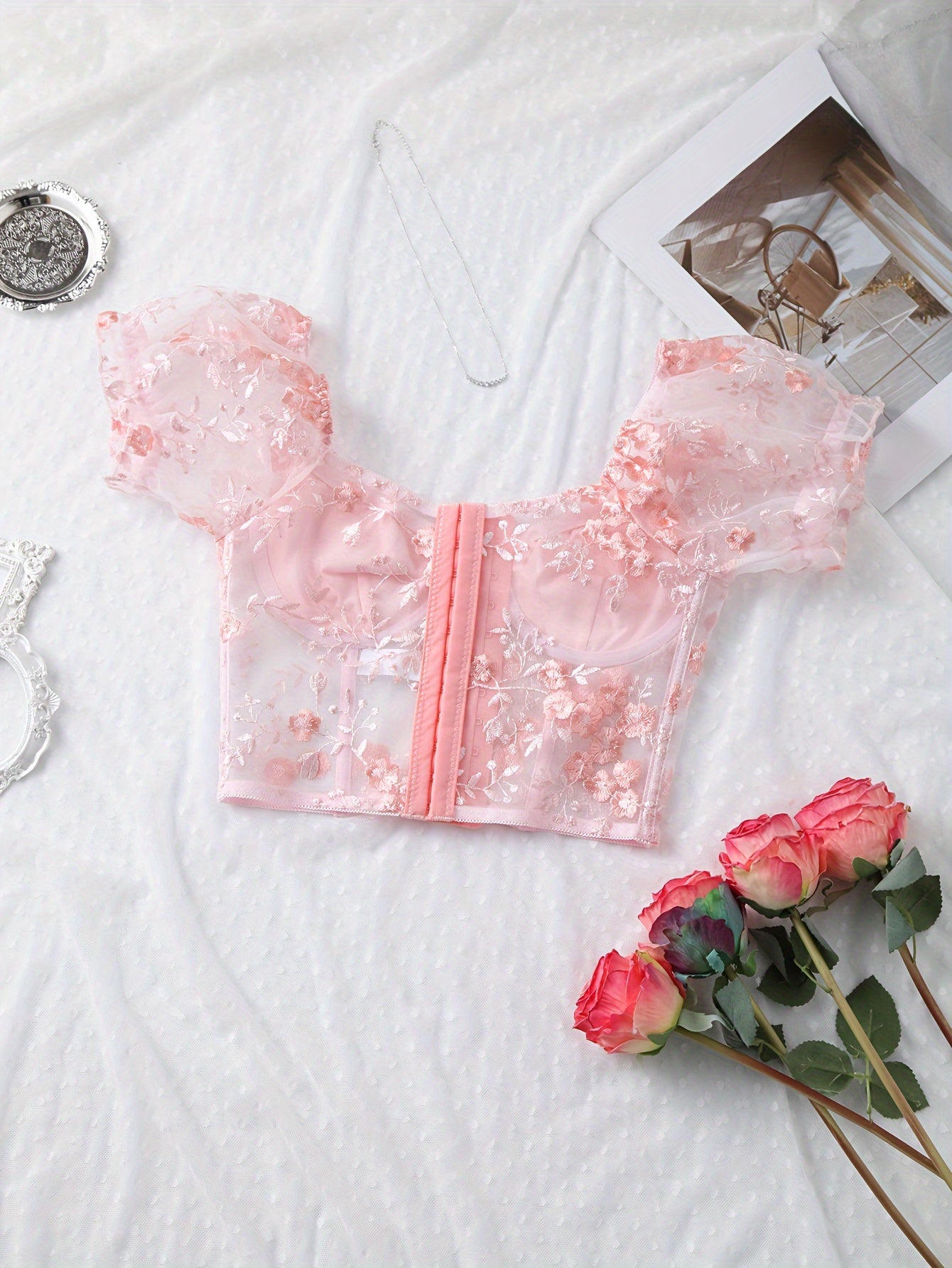 Sixsr Hot Floral Embroidery Bustier, Puff Sleeve Fishbone Bustier, Women's Sexy Lingerie & Underwear
