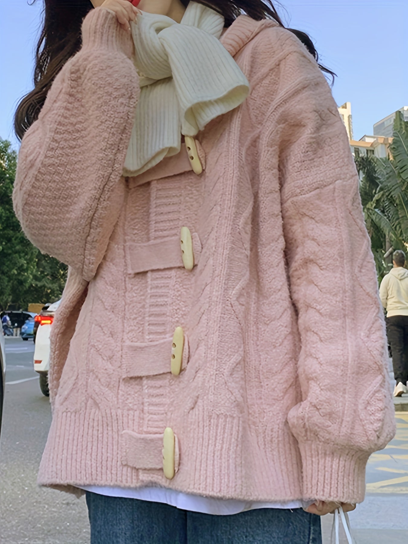 Sixsr Twist Pattern Button Up Hooded Cardigan, Casual Long Sleeve Cardigan For Fall & Winter, Women's Clothing