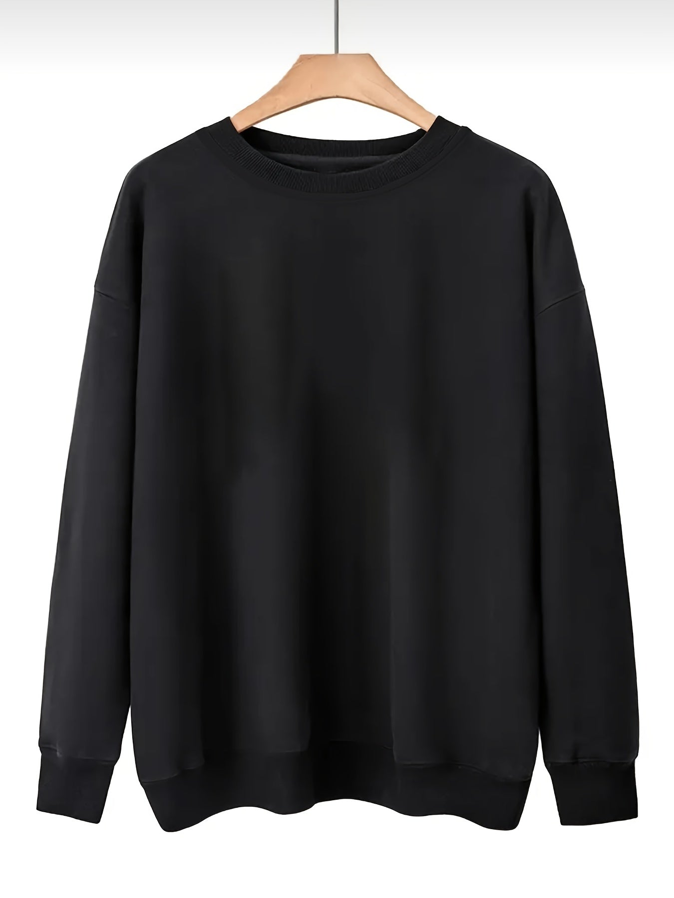 Sixsr Plus Size Casual Sweatshirt, Women's Plus Solid Long Sleeve Drop Shoulder Round Neck Slight Stretch Pullover Sweatshirt