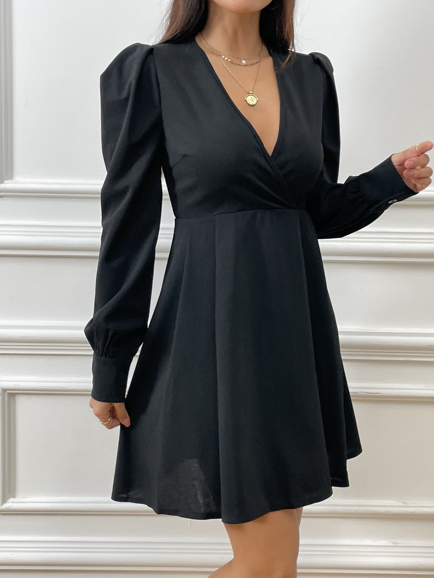 Sixsr Deep V Neck Black Dress, Elegant Long Puff Sleeve Dress, Women's Clothing