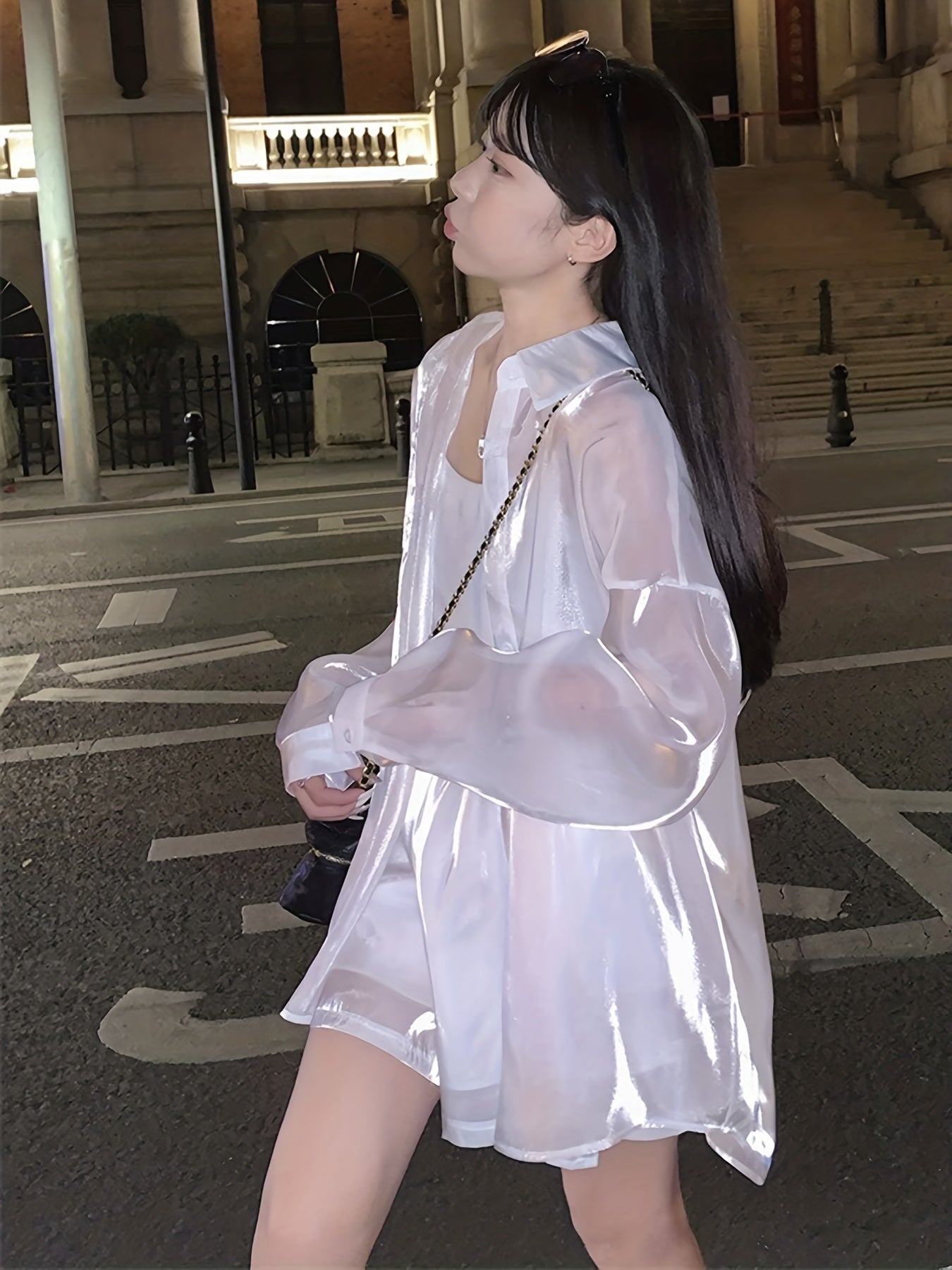 Sixsr Shiny Solid Shirt, Casual Button Front Long Sleeve Shirt, Women's Clothing