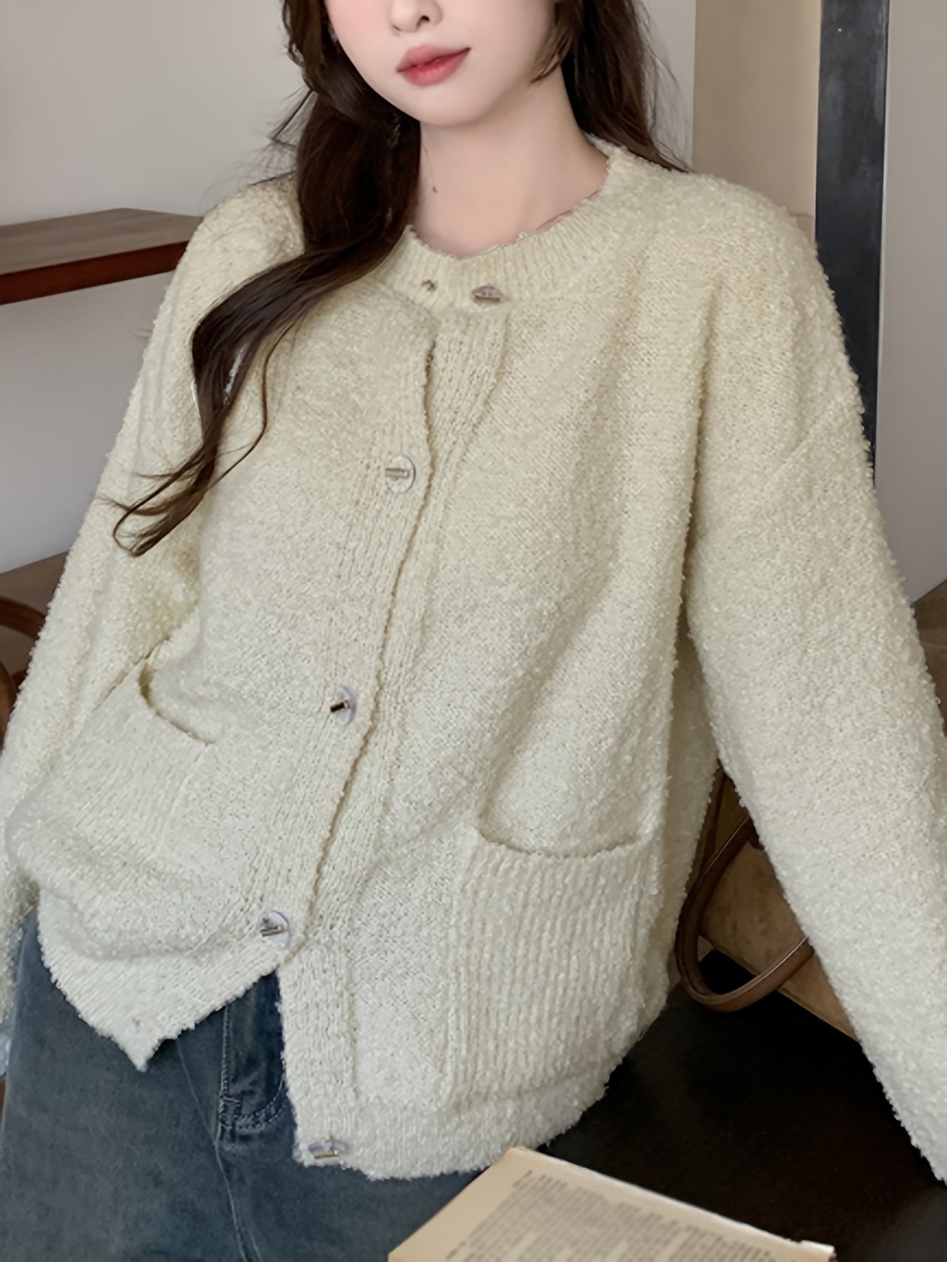 Sixsr Solid Button Up Knit Cardigan, Casual Long Sleeve Fuzzy Pocket Sweater, Women's Clothing