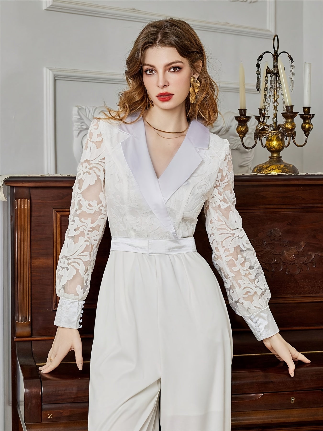 Solid V Neck Lapel Lace Long Sleeve Tie Waist Long Length Jumpsuit, Wide Leg Mature Loose Outdoor Jumpsuit, Women's Clothing