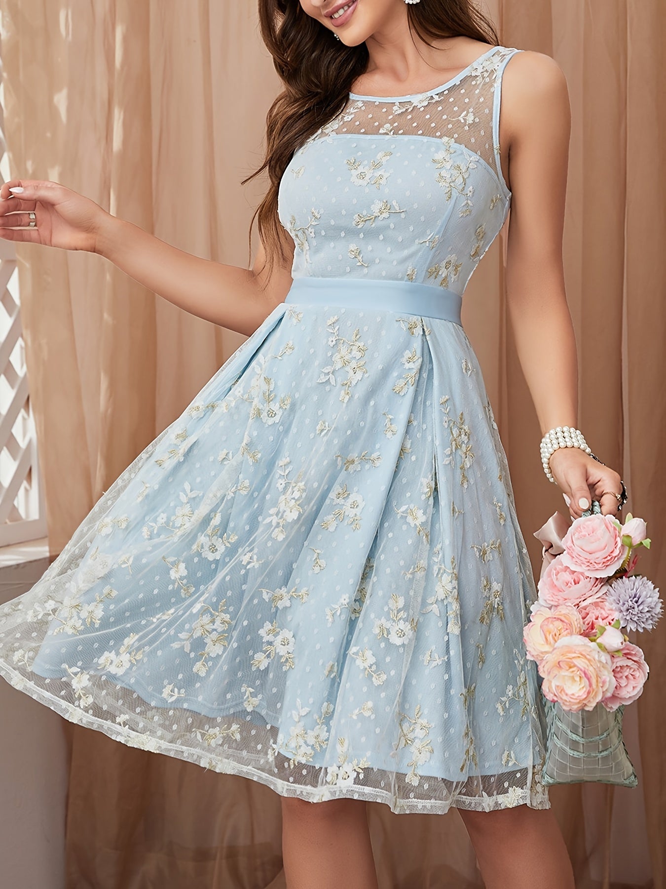 Sixsr Floral Embroidered Mesh Stitching Dress, Casual Pleated Sleeveless Tank Dress For Spring & Summer, Women's Clothing