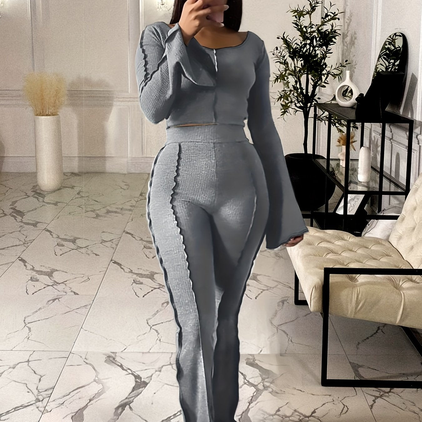Sixsr Solid Rib Two-piece Set, Flared Sleeve Crew Neck Tops & High Waist Long Length Pants Outfits, Women's Clothing