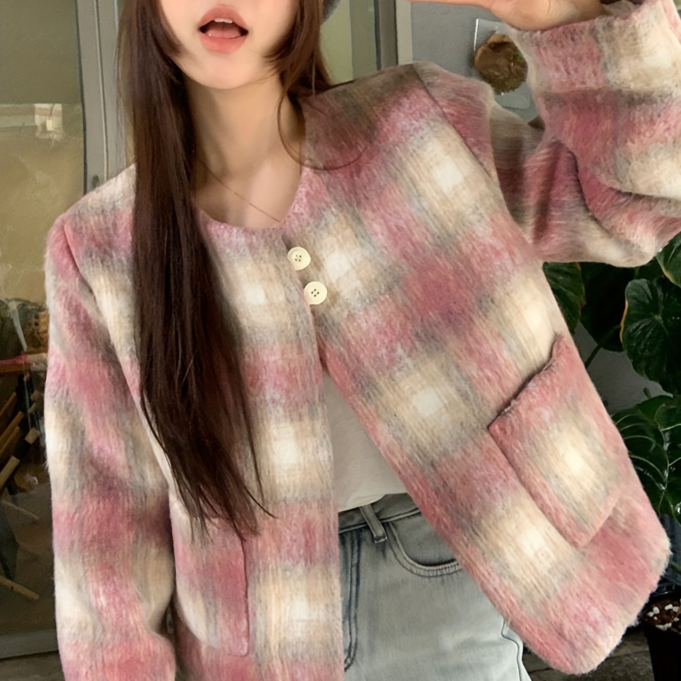 Sixsr Plaid Pattern Single Breasted Pockets Jacket, Elegant Long Sleeve Outwear For Fall & Winter, Women's Clothing