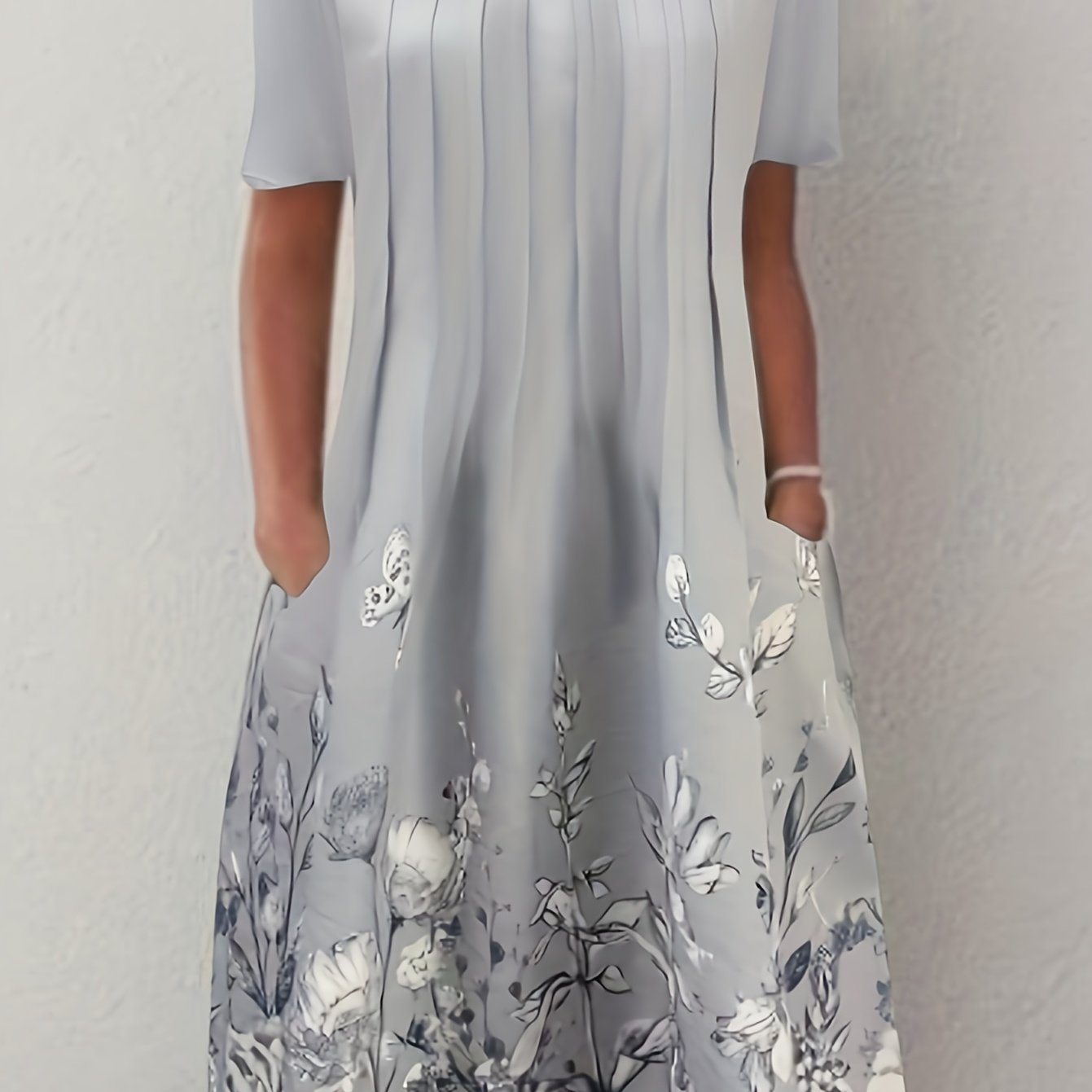 Sixsr Floral Print Pleated Front Dress, Casual Short Sleeve Dual Pockets Dress, Women's Clothing