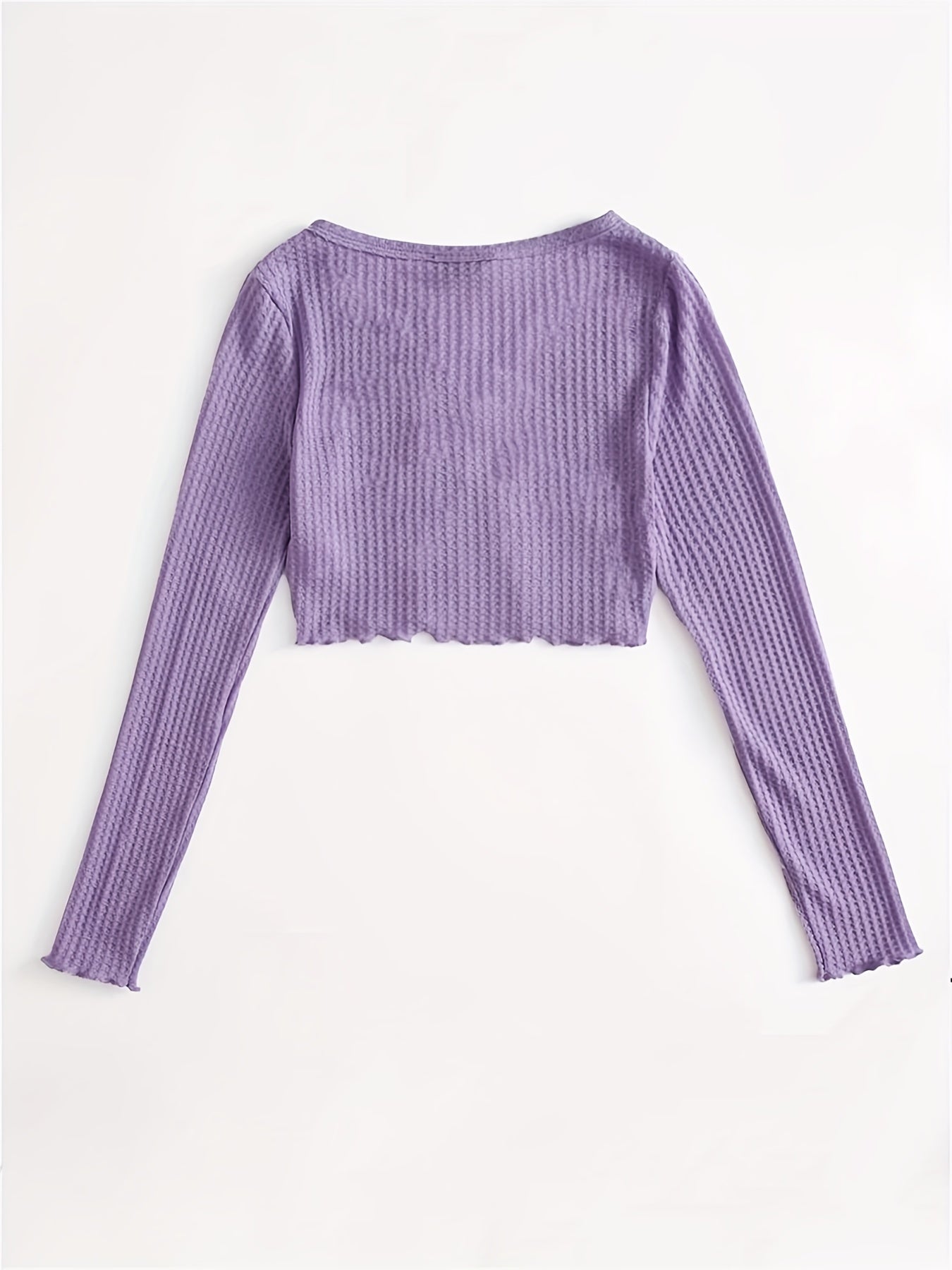 Sixsr Solid Lettuce Trim Knit Cardigan, Casual Button Front Long Sleeve Sweater, Women's Clothing