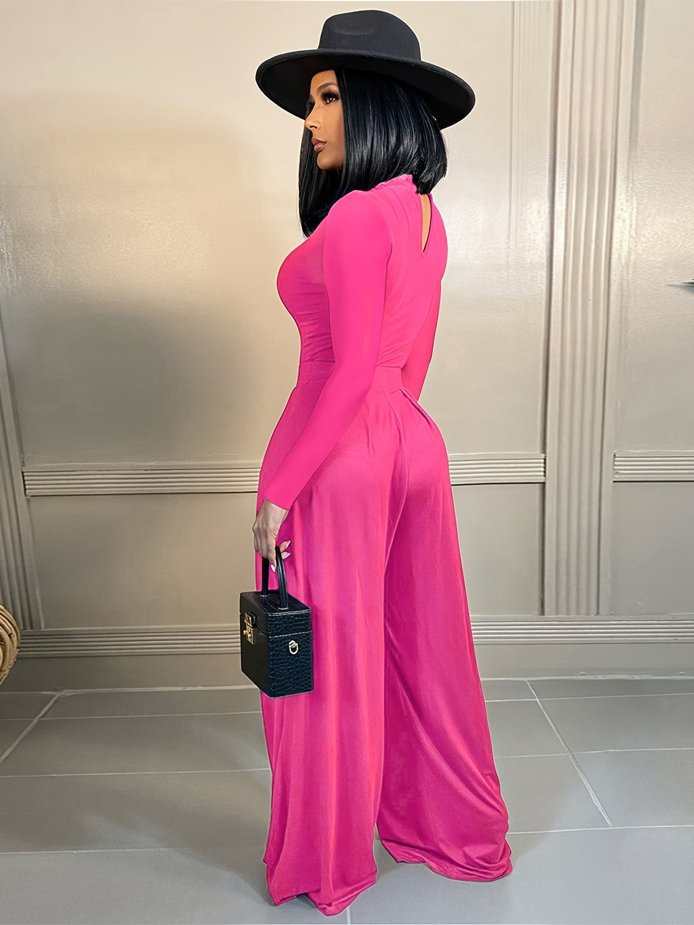 Sixsr Solid Long Sleeve Bodysuit Wide Leg Pants Two-piece Set, Fashion Fall Winter Outfits, Women's Clothing