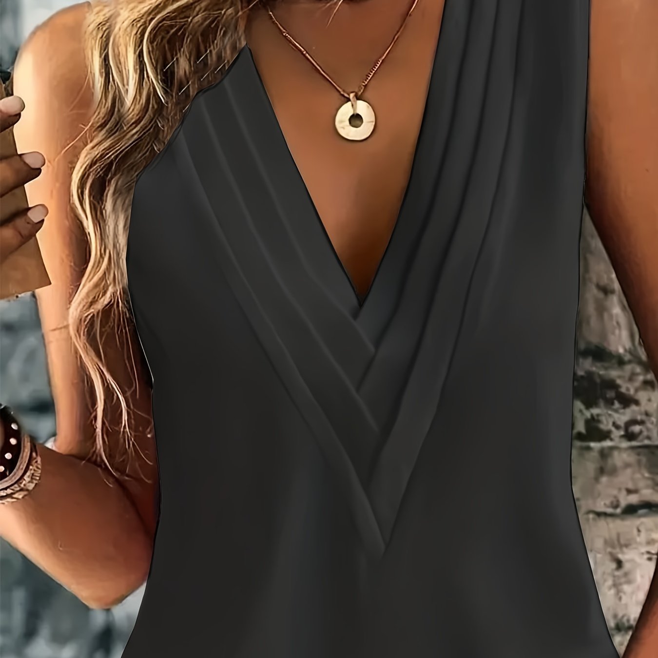 Sixsr Ruched V Neck Blouse, Casual Sleeveless Solid Versatile Blouse, Women's Clothing